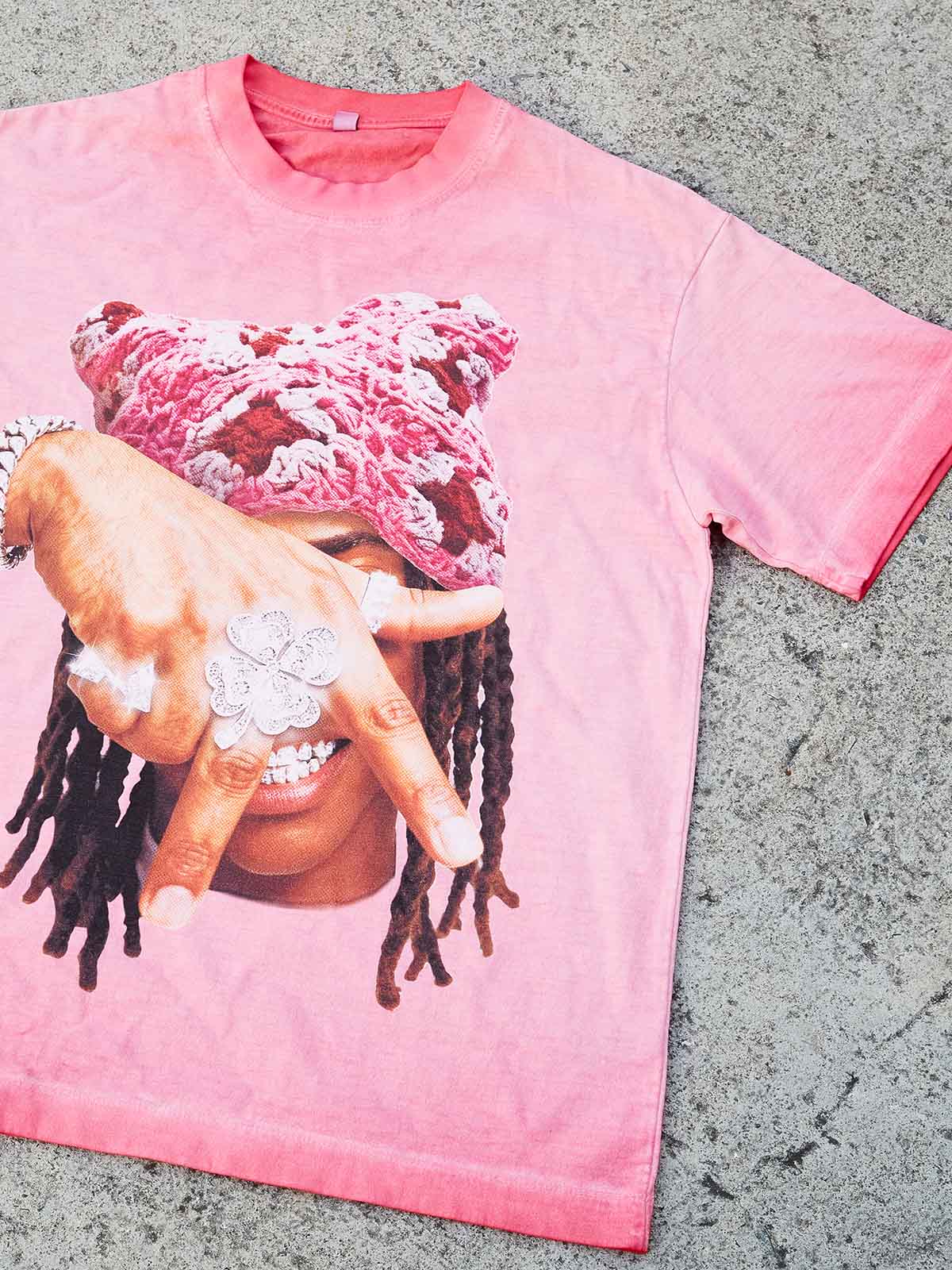 "Eternal Victory" Pink Cat-Ear Knit Hat Character Washed Print T-shirt