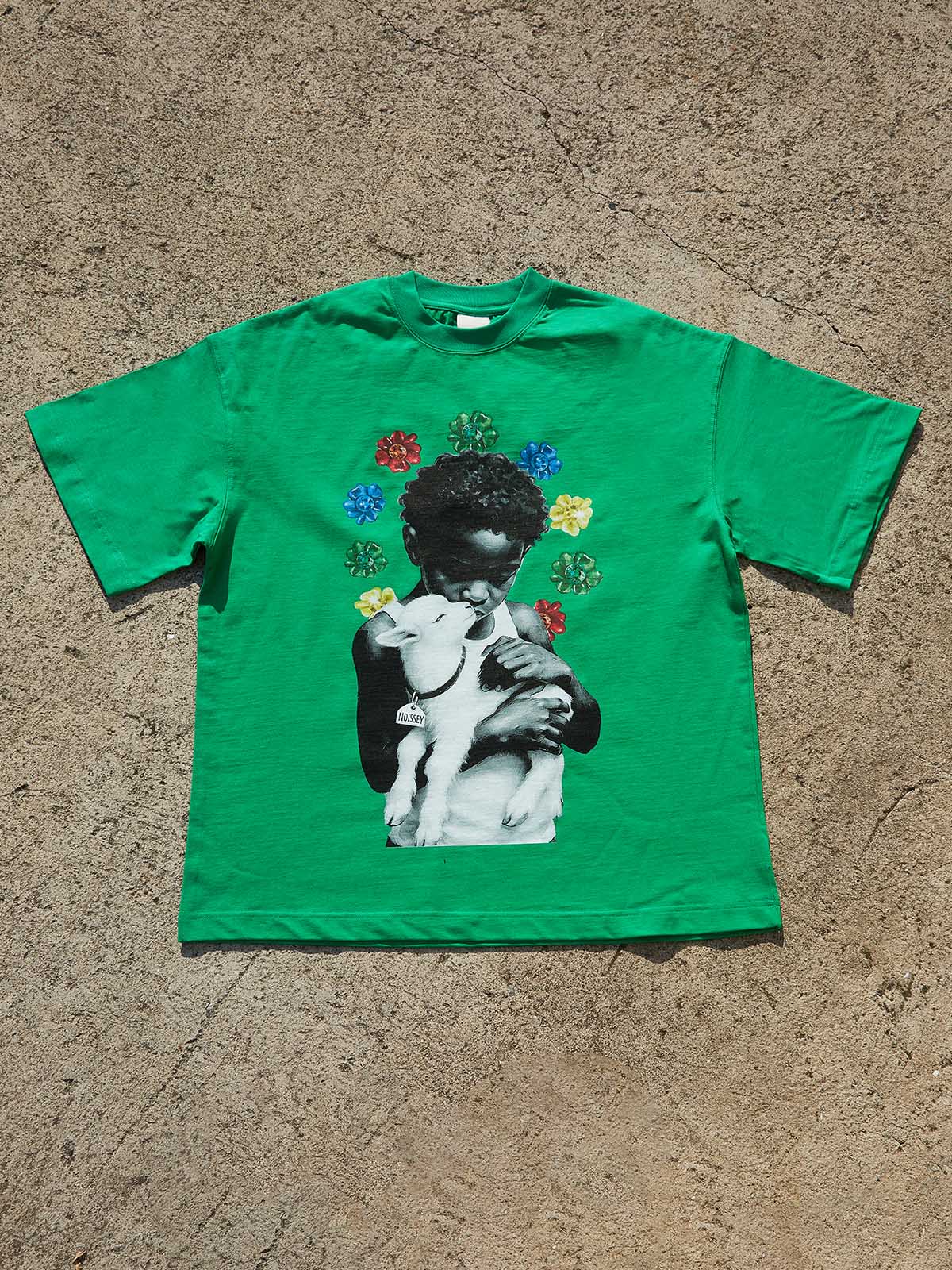Green Printed T-shirt with a Child Hugging a Lamb