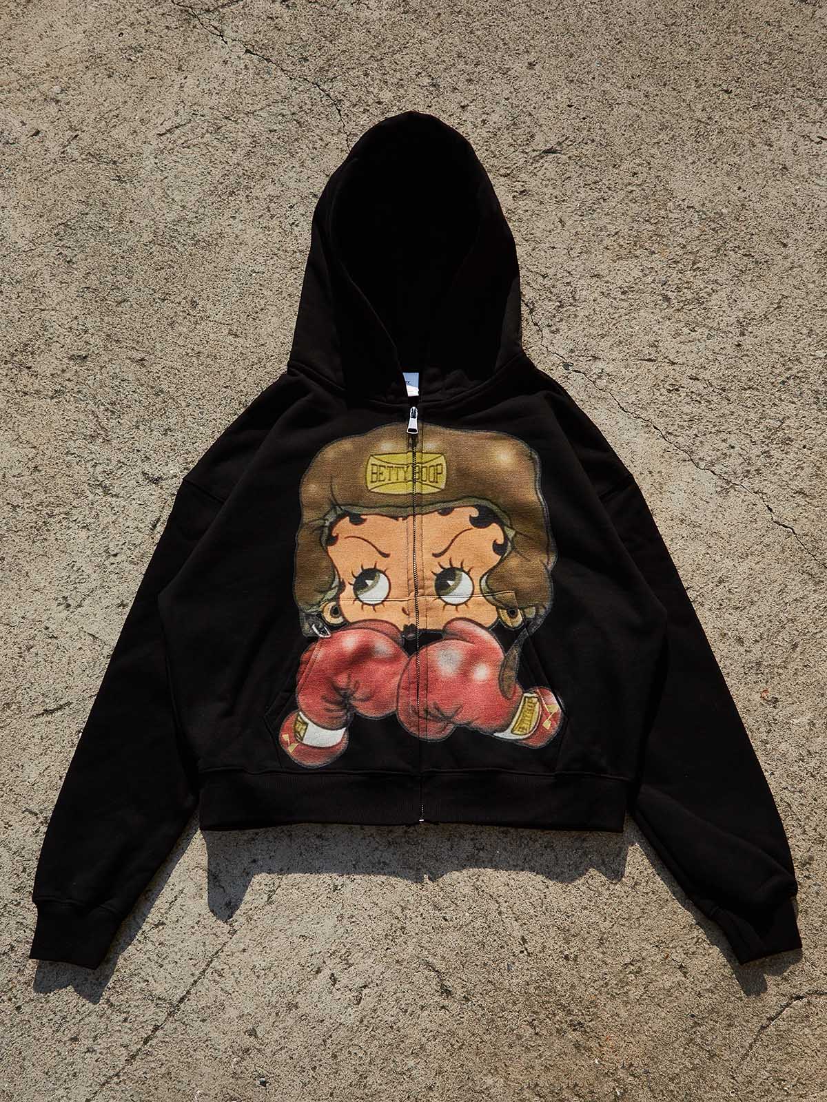 Cartoon Girl Boxing Print Boxy Hoodie