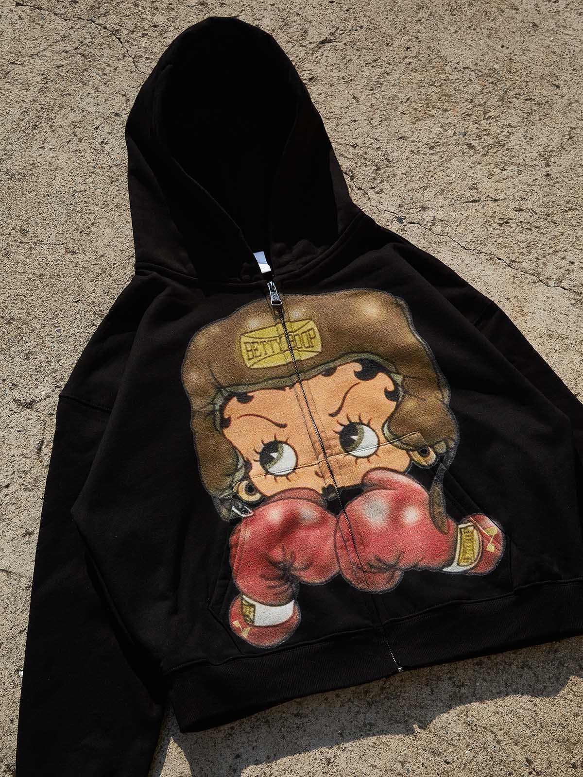 Cartoon Girl Boxing Print Boxy Hoodie