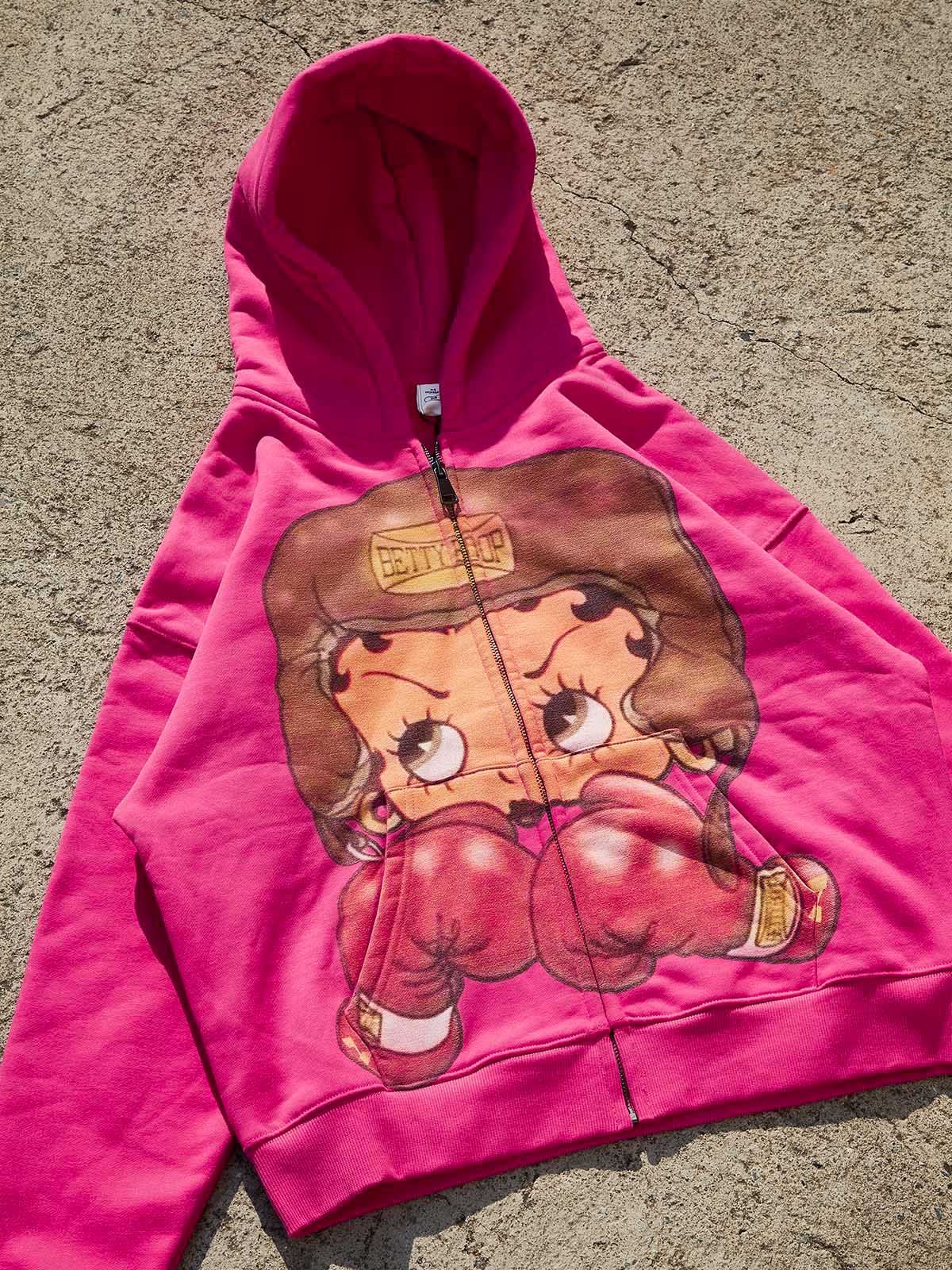 Cartoon Girl Boxing Print Boxy Hoodie