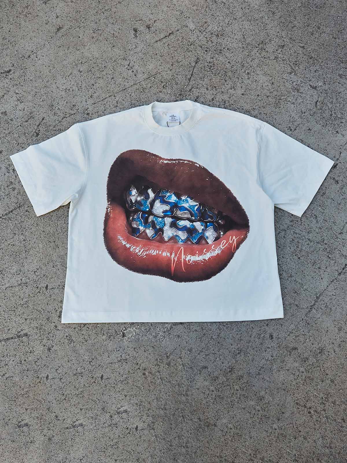 Blue Full-Diamond Camo Grillz Print Boxy Oversized T-Shirt
