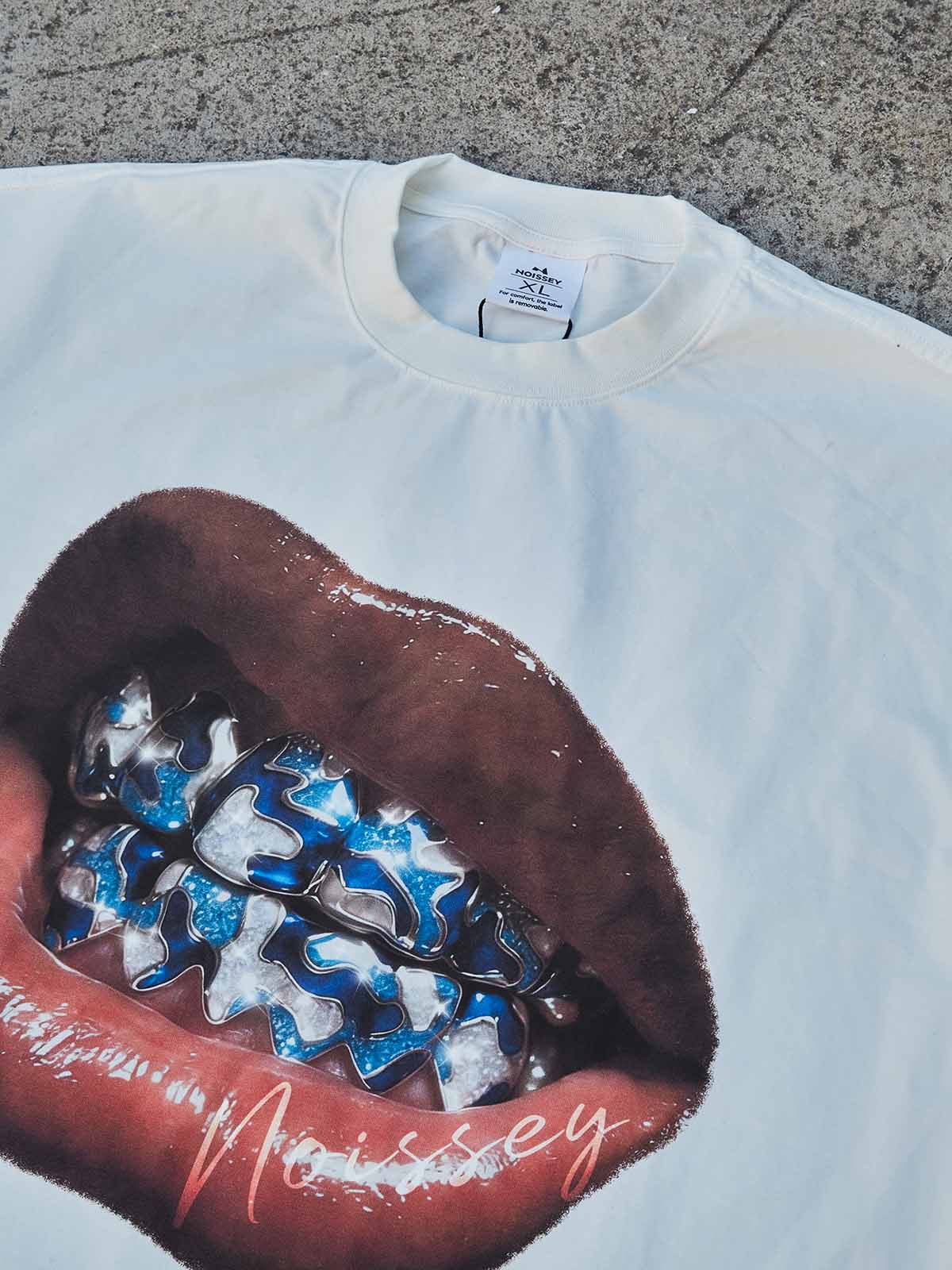Blue Full-Diamond Camo Grillz Print Boxy Oversized T-Shirt