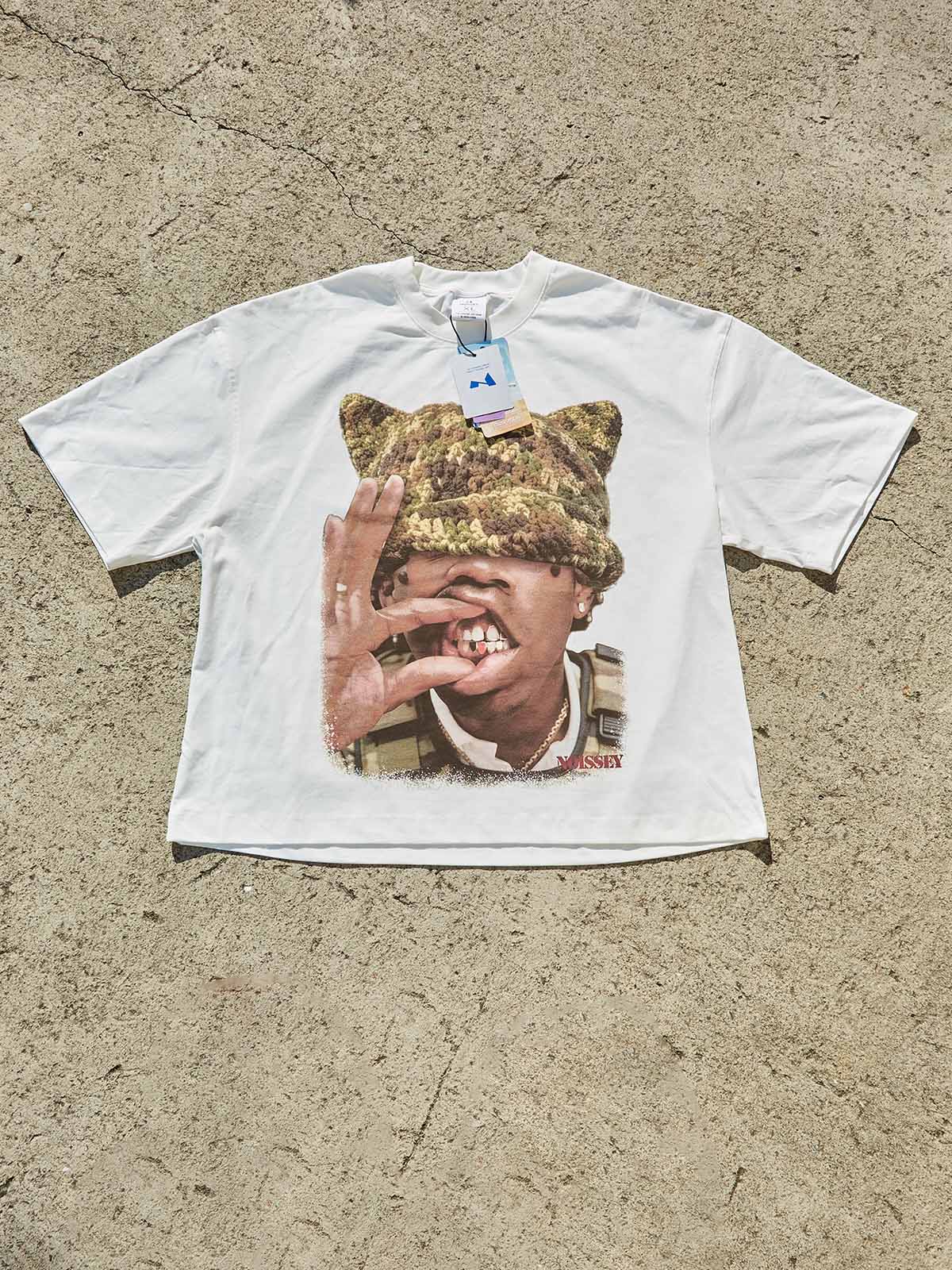 Camouflage Cat-Ear Knitted Hat Character Print Boxy Oversized T-shirt