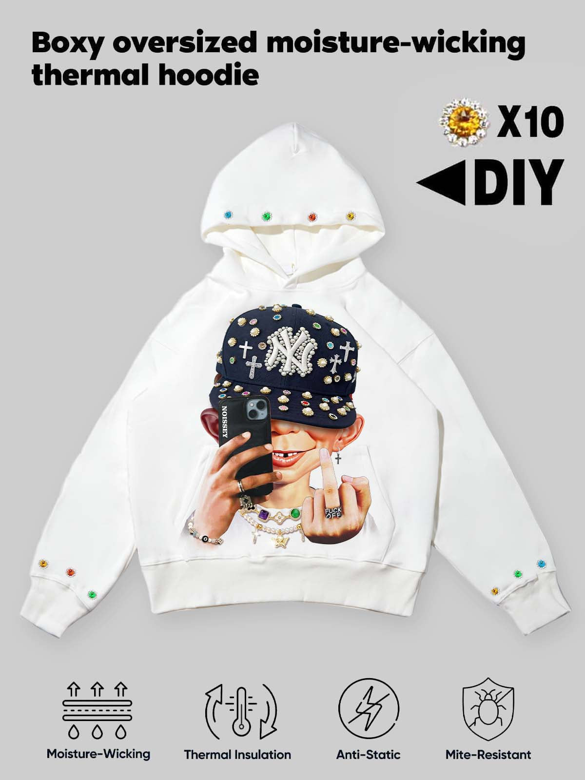 NOISSEY "Selfie Rebel" DIY Crystal Hoodie - Bad Boy Character Print