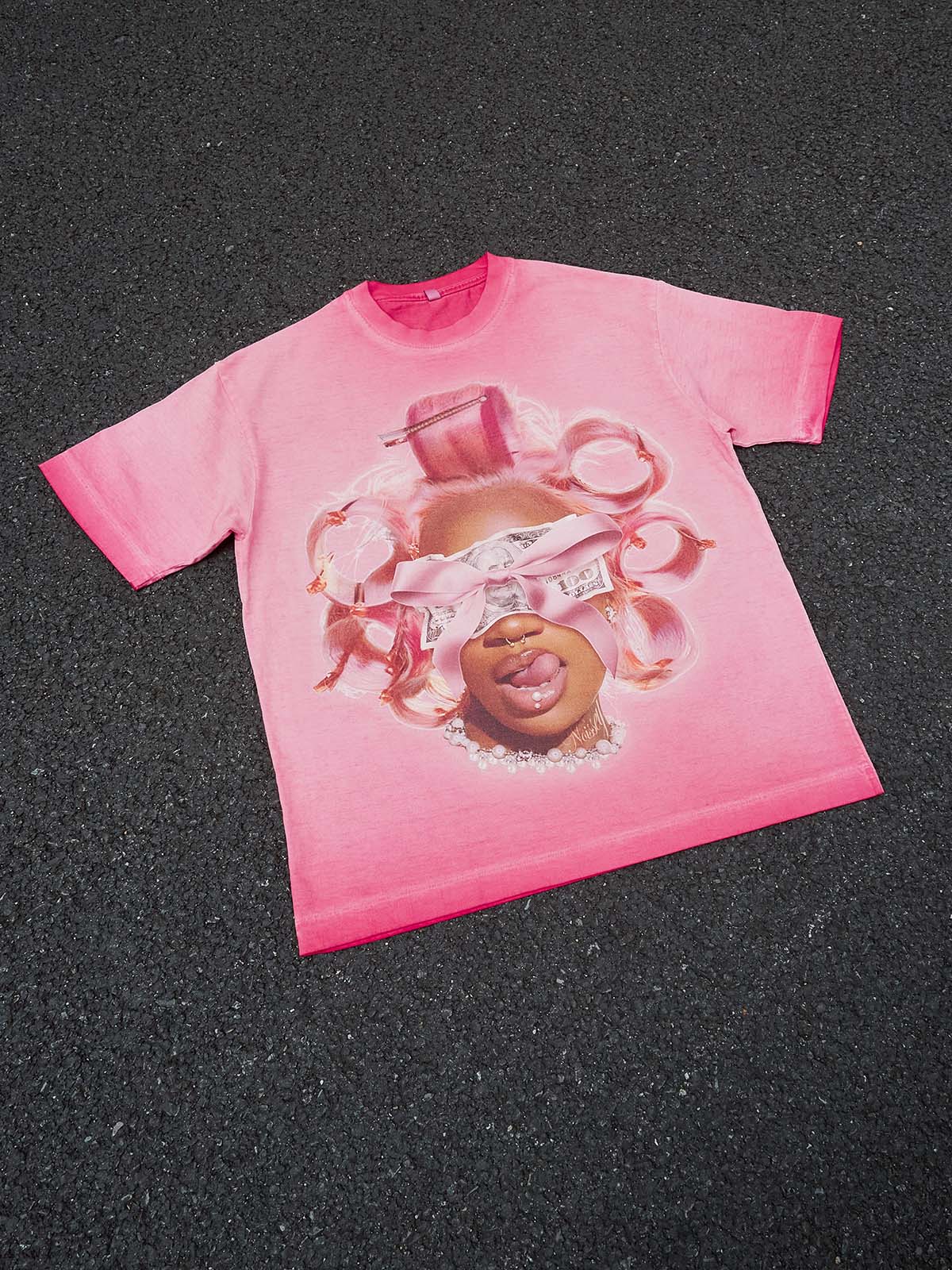 Girl and Her Curling Iron Pink Wash Print T-shirt