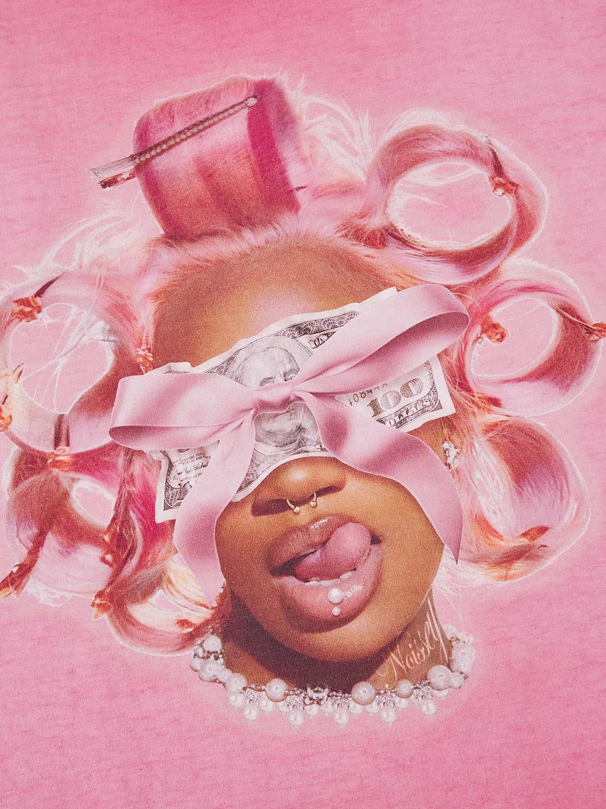 Girl and Her Curling Iron Pink Wash Print T-shirt