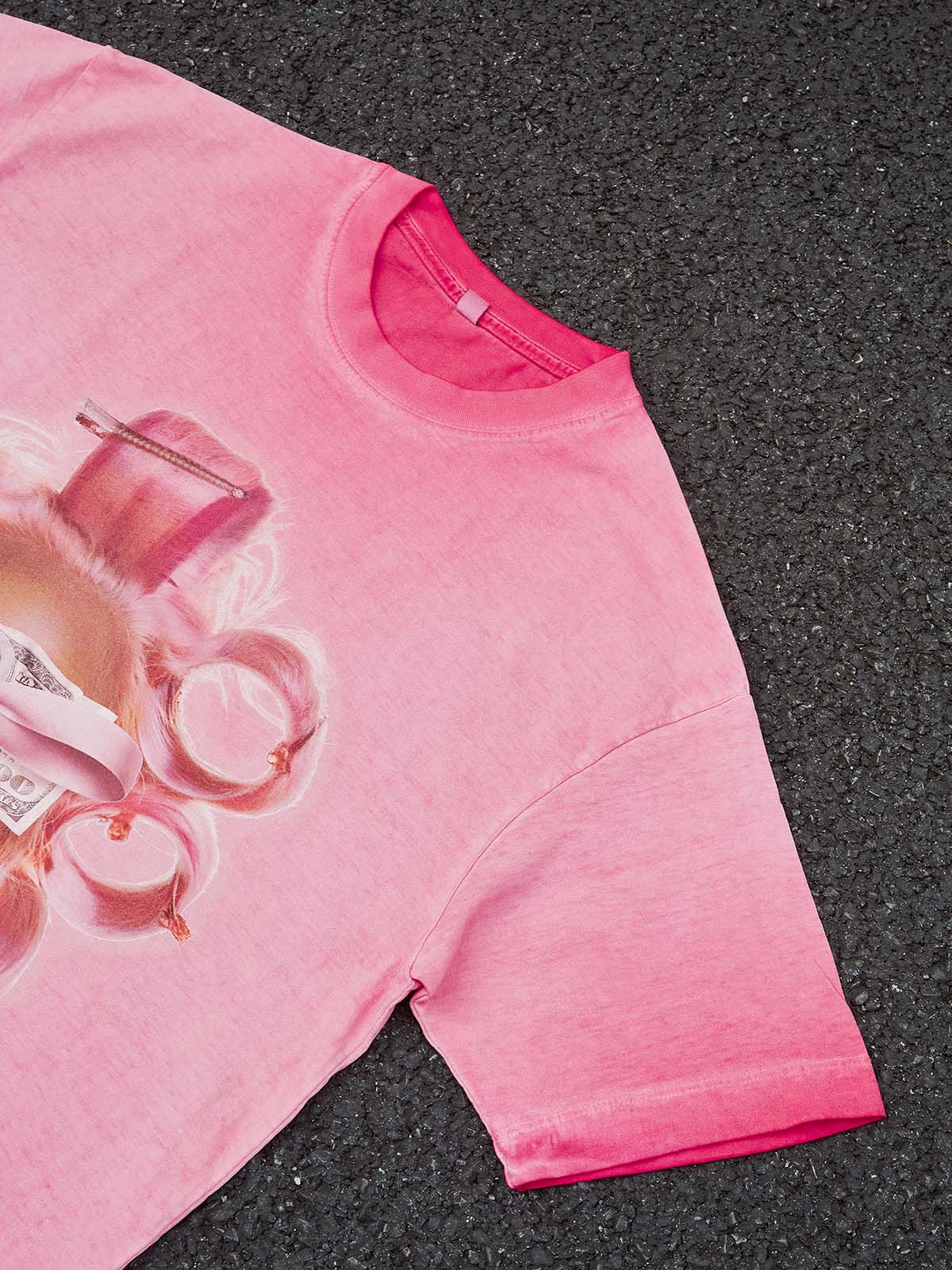 Girl and Her Curling Iron Pink Wash Print T-shirt