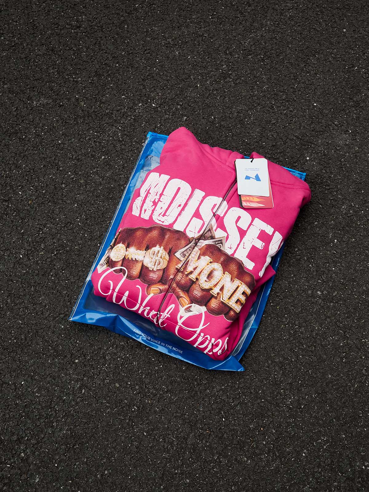 NOISSEY "What Opps" Luxury Streetwear Zip-Up Hoodie - Iced-Out Double Fist & Money Graphic Heavyweight Parka