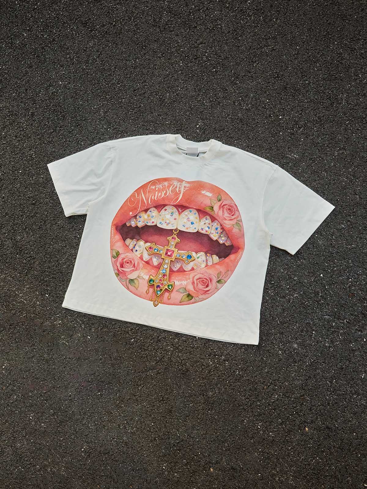 Cross Pink Rose grillz Art Print Boxy Oversized T-Shirt
