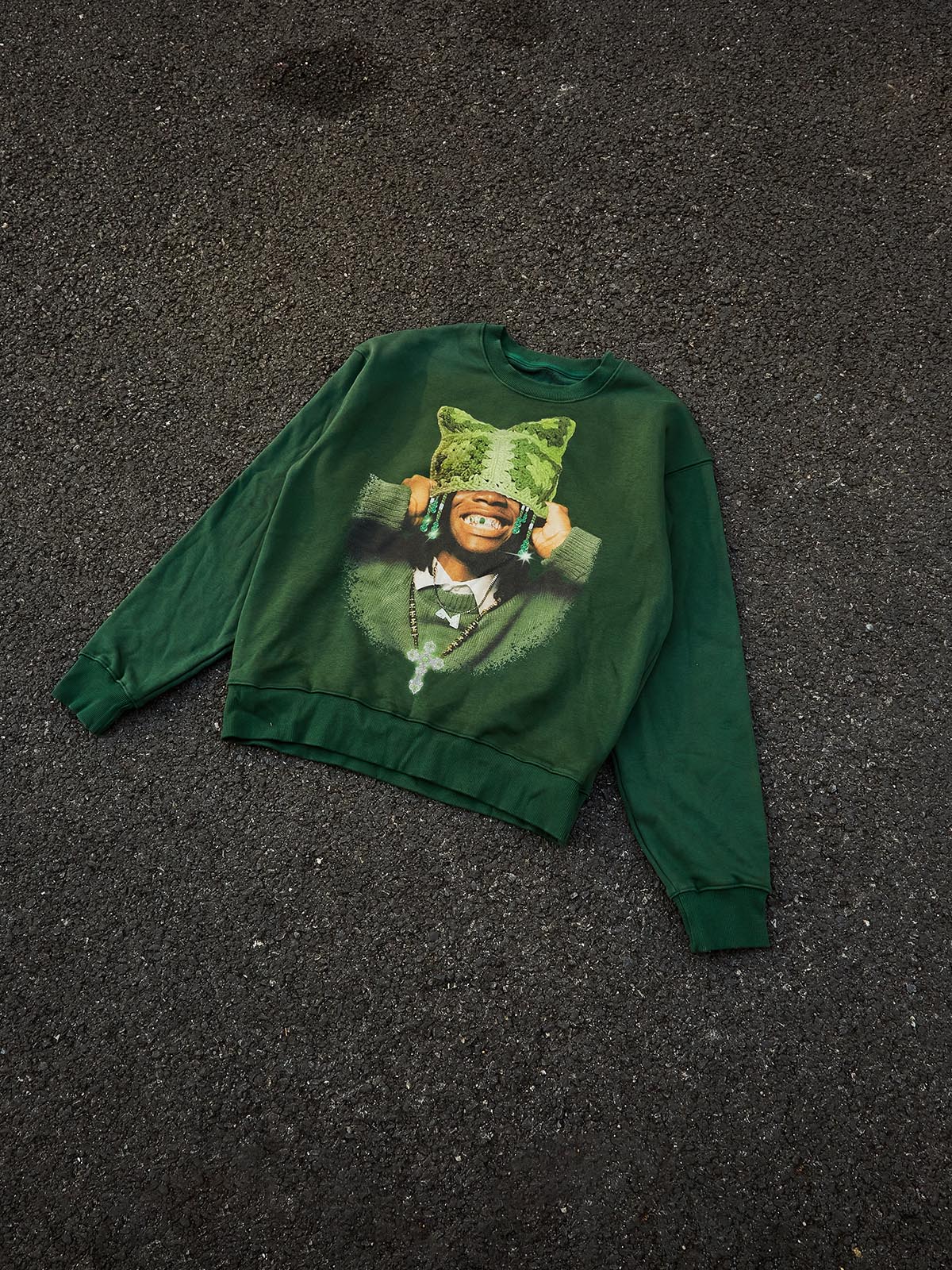 Avocado Green Cat Ear Crochet Hat Print Sweatshirt