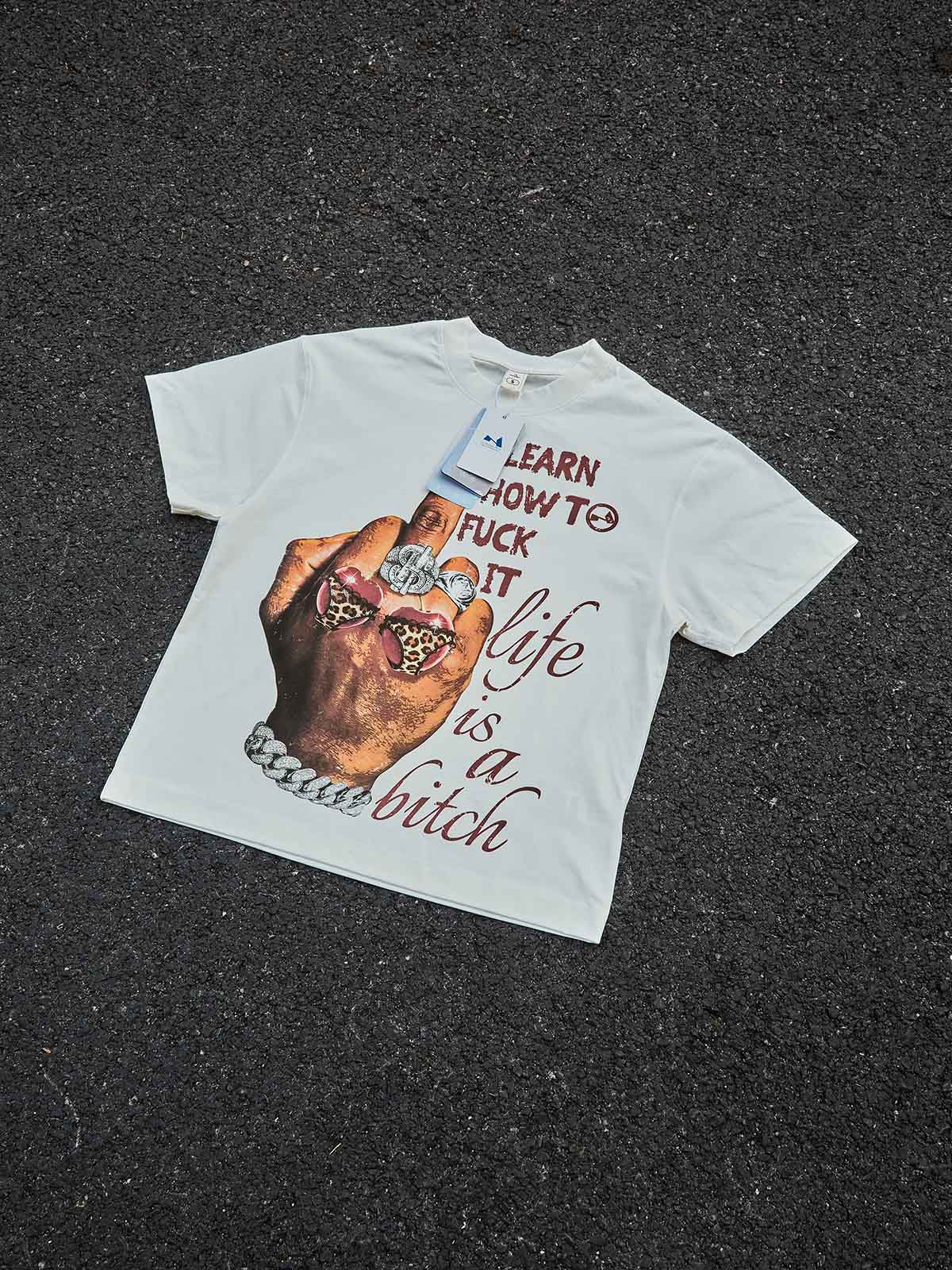 Life is a Bitch Leopard Print Cherry Middle Finger Art Print T-shirt