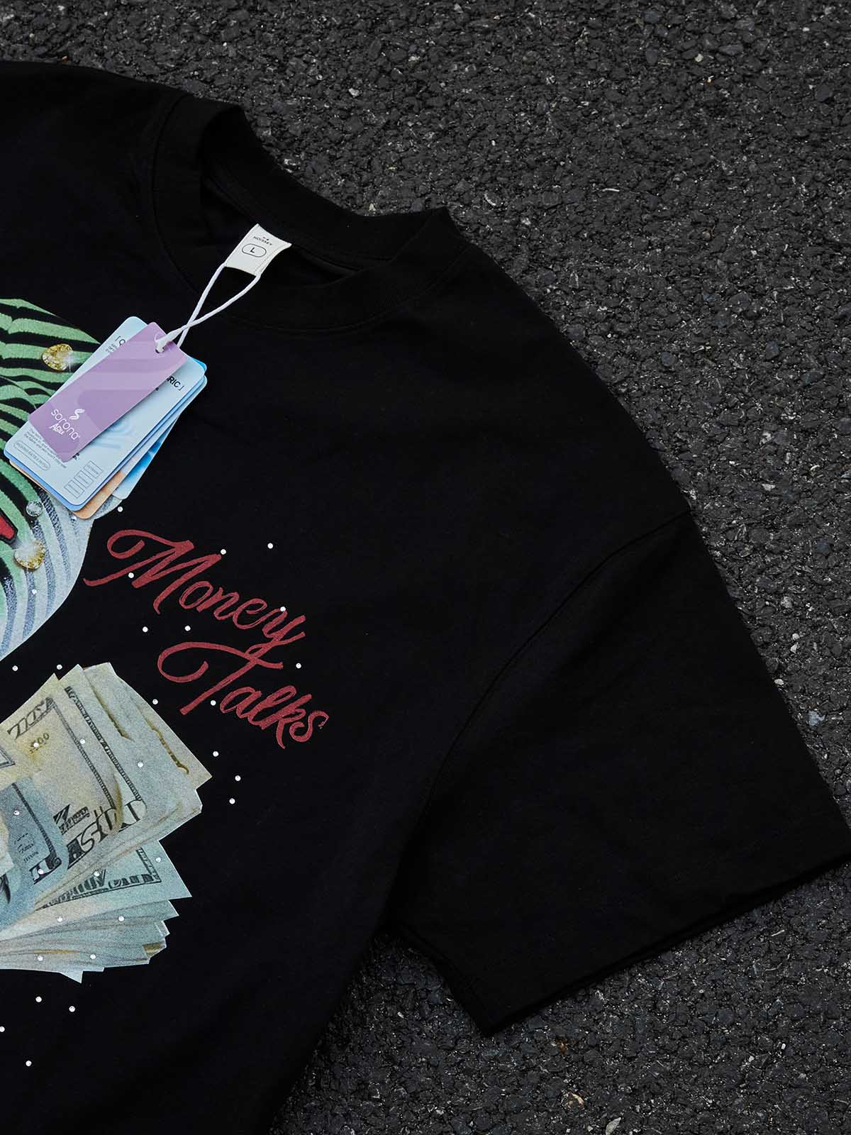 NOISSEY "Money Talks" Glitter Diamond Art T-Shirt - Black
