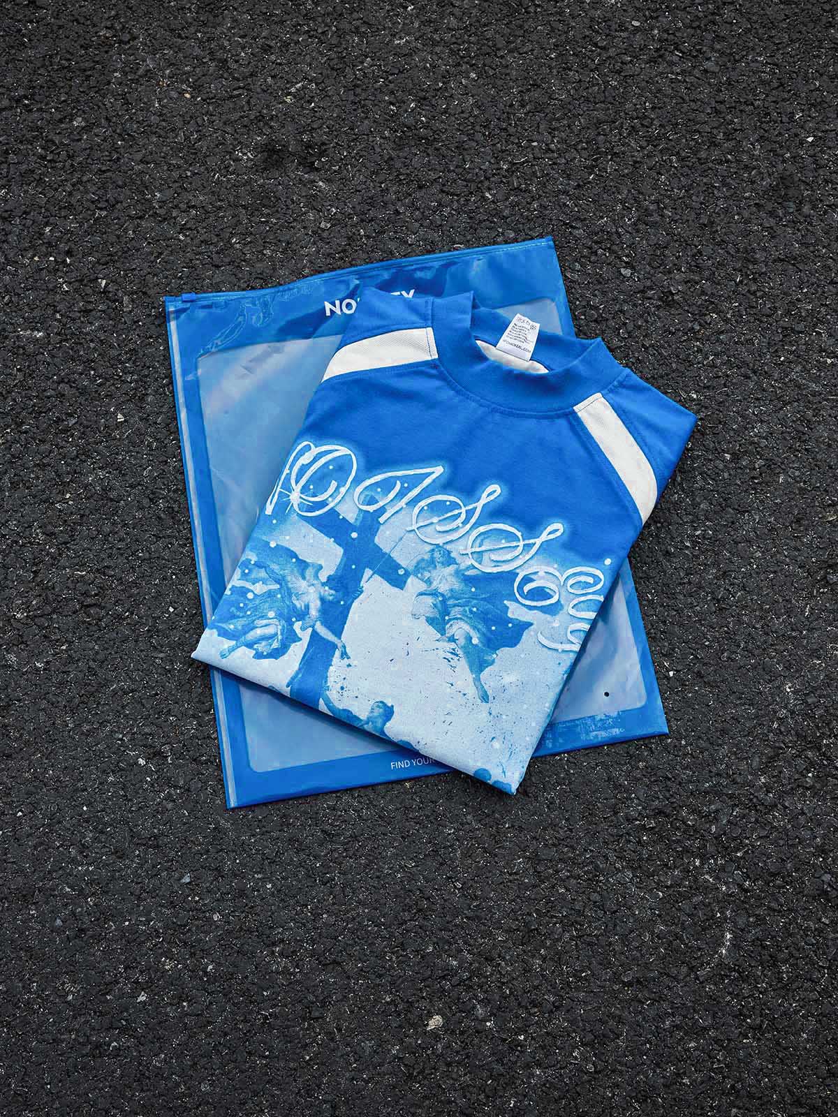 Cyanotype-style religious shimmering art printed T-shirt