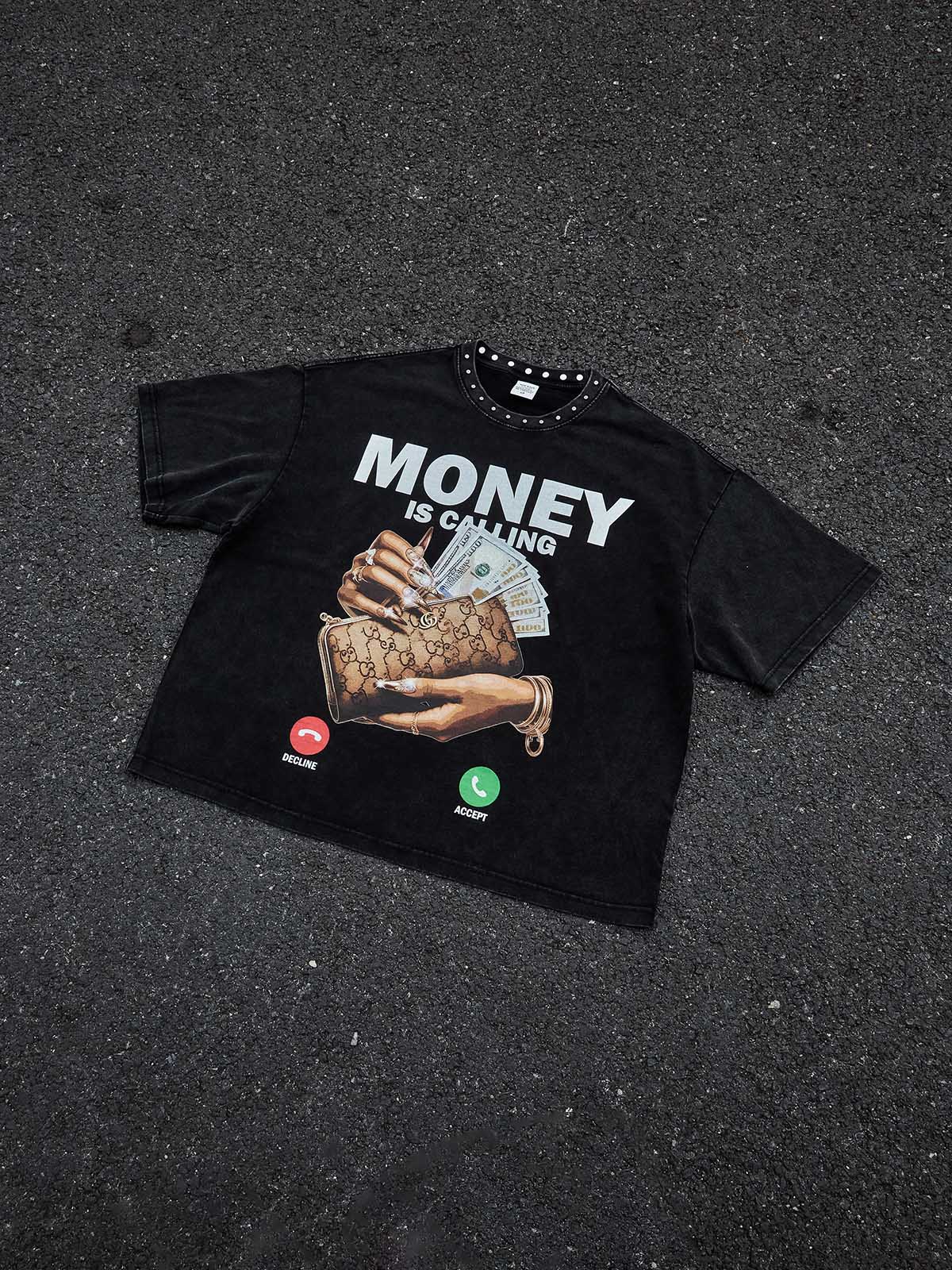 Money is Calling Stud Collar Print Art T-shirt