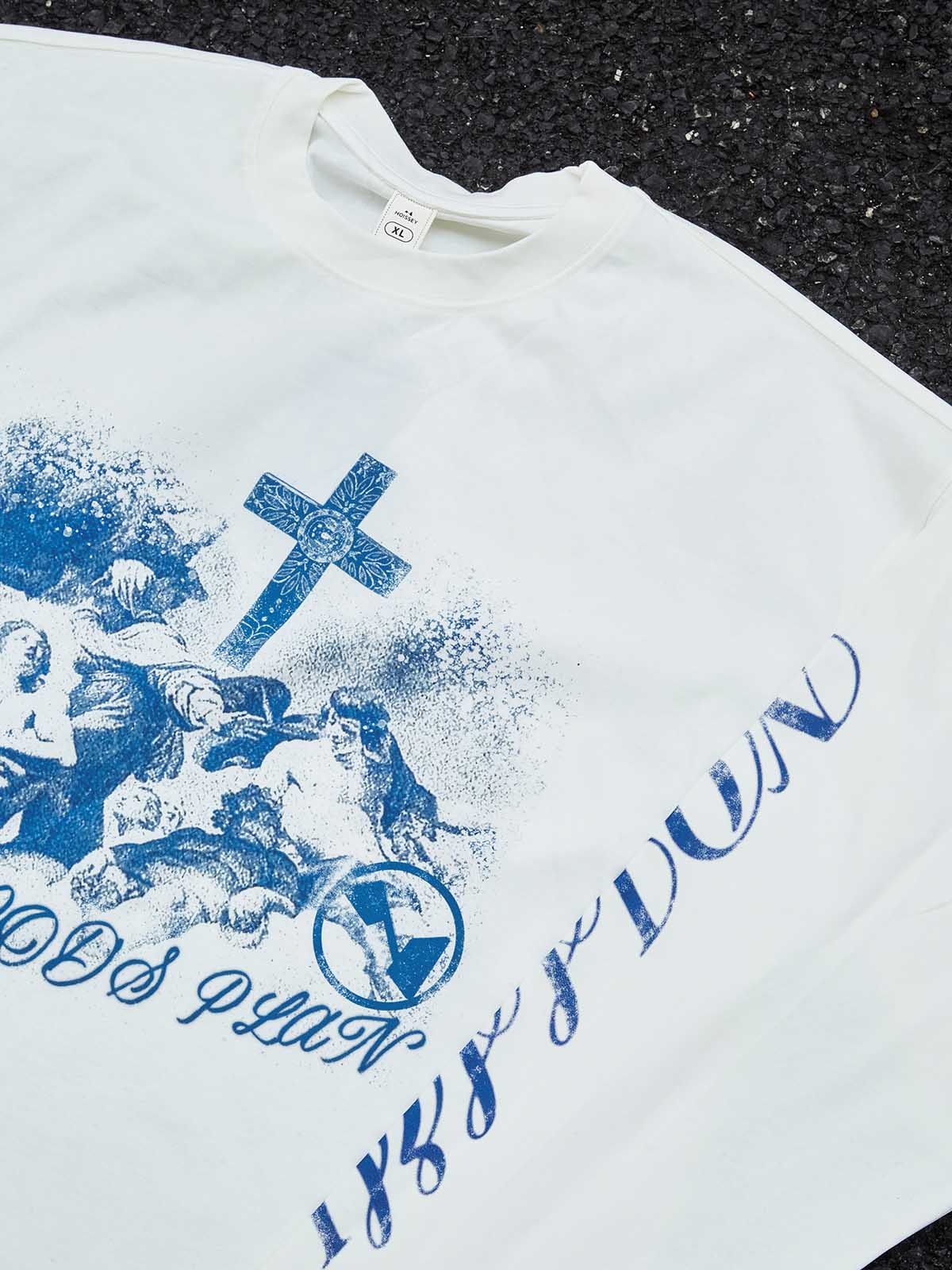 TRUST GOD’S PLAN" ARCHIVAL PRINT CREWNECK – VINTAGE BLUE OVERSIZED LONG SLEEVE