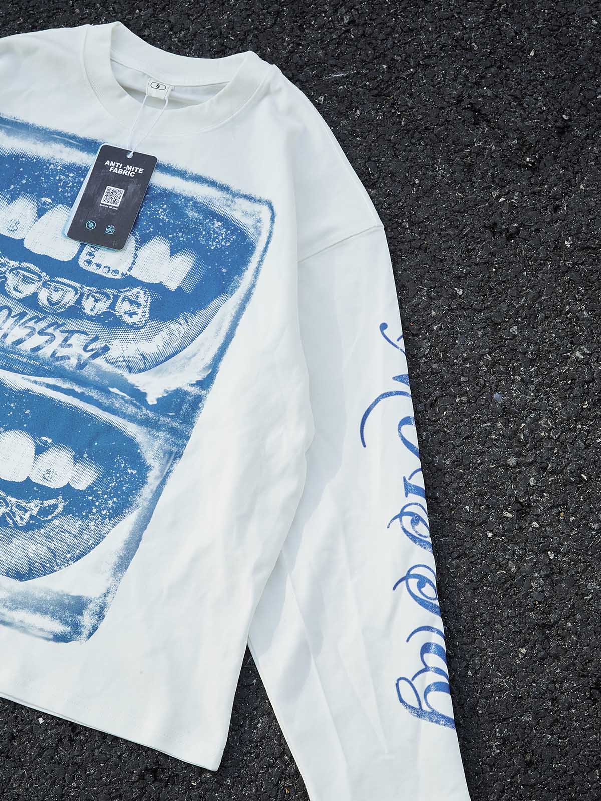 "ARCHIVAL GRILLZ" SCREEN-PRINT CREWNECK – VINTAGE BLUE OVERSIZED LONG SLEEVE
