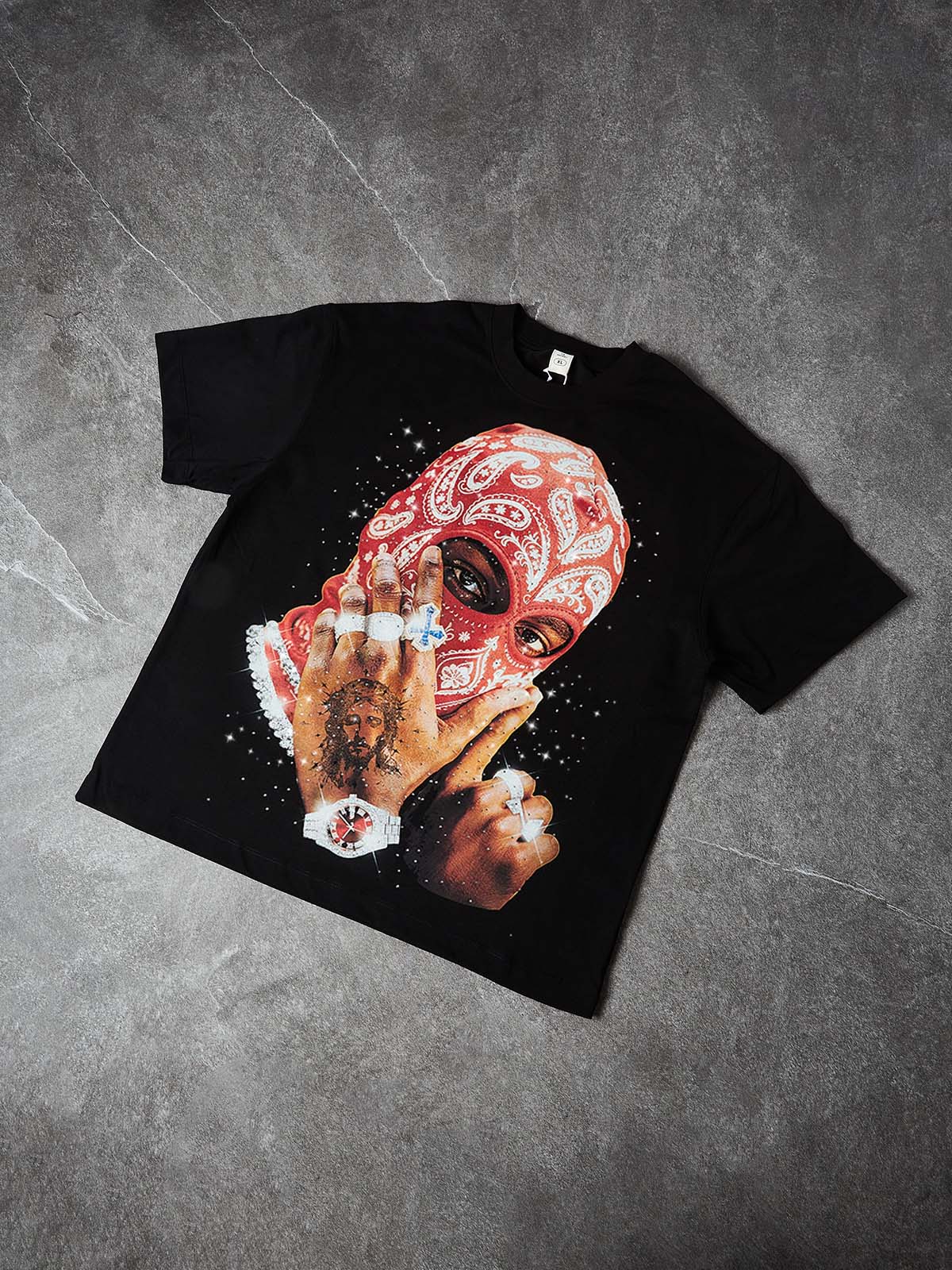 NOISSEY RED PAISLEY BALACLAVA - SHIMMERING JEWEL ART OVERSIZED TEE