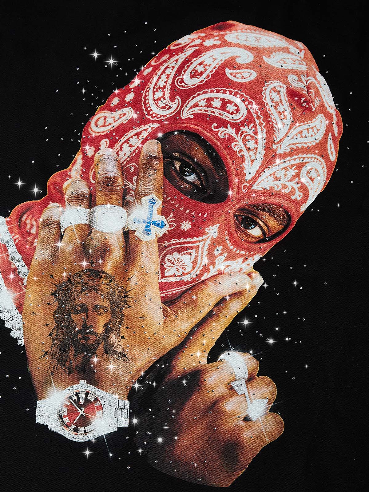 NOISSEY RED PAISLEY BALACLAVA - SHIMMERING JEWEL ART OVERSIZED TEE
