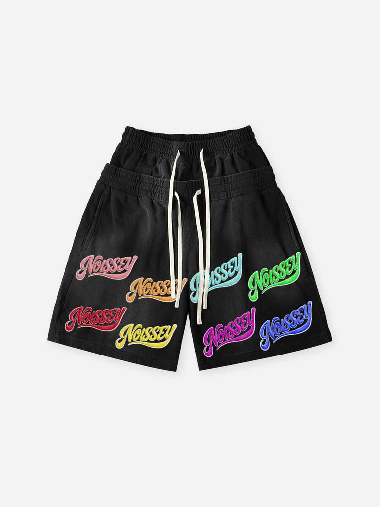 NOISSEY Washed Black Multi Color Script LOGO Printed Oversized Shorts