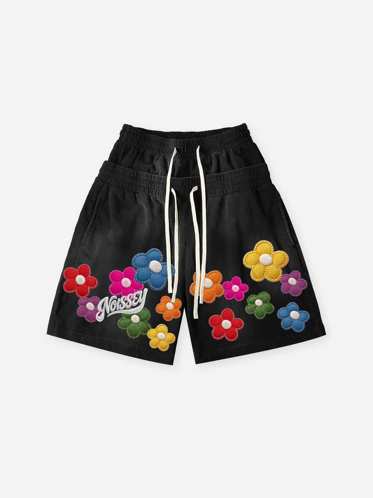 NOISSEY Washed Black Rainbow Flower Patch Script LOGO Printed Shorts