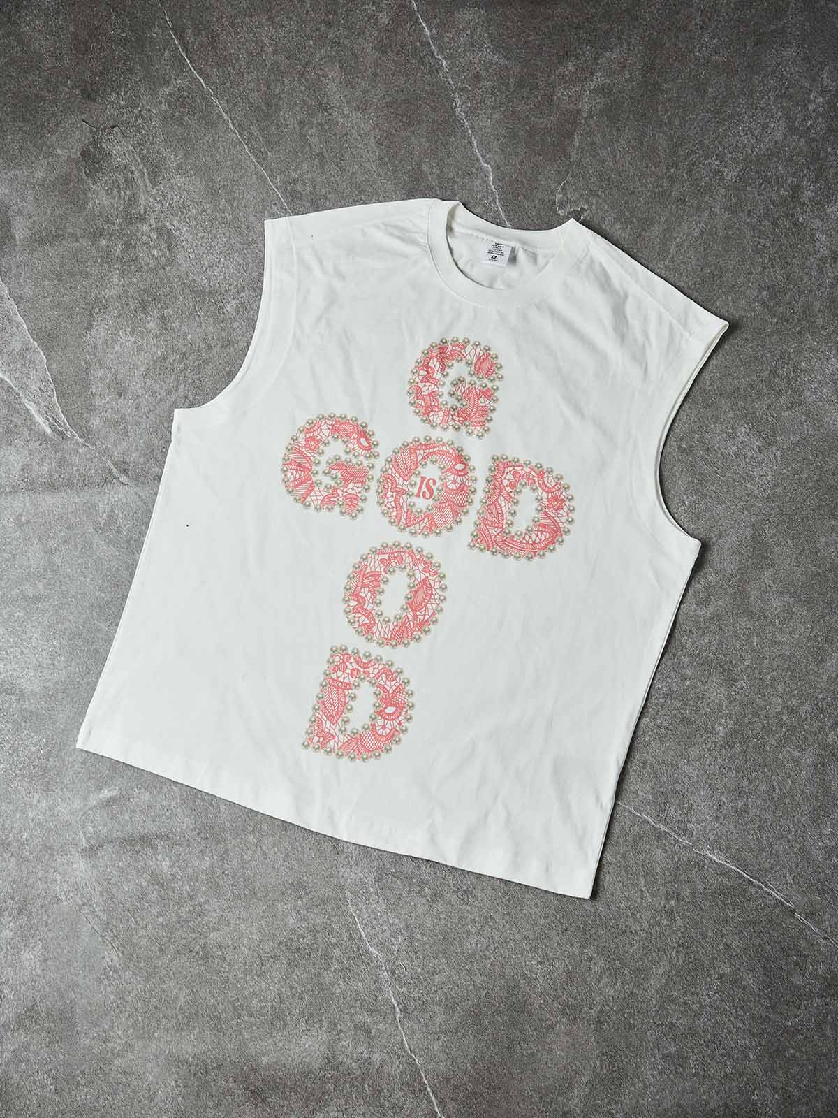 GOD IS GOOD! Lace Pearl Edge Print Tank Top
