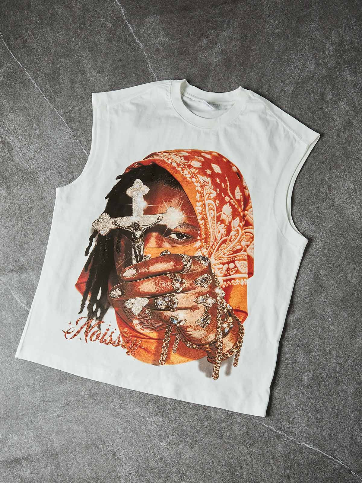 NOISSEY ORANGE BANDANA - ICED OUT CRUCIFIX ART TANK TOP