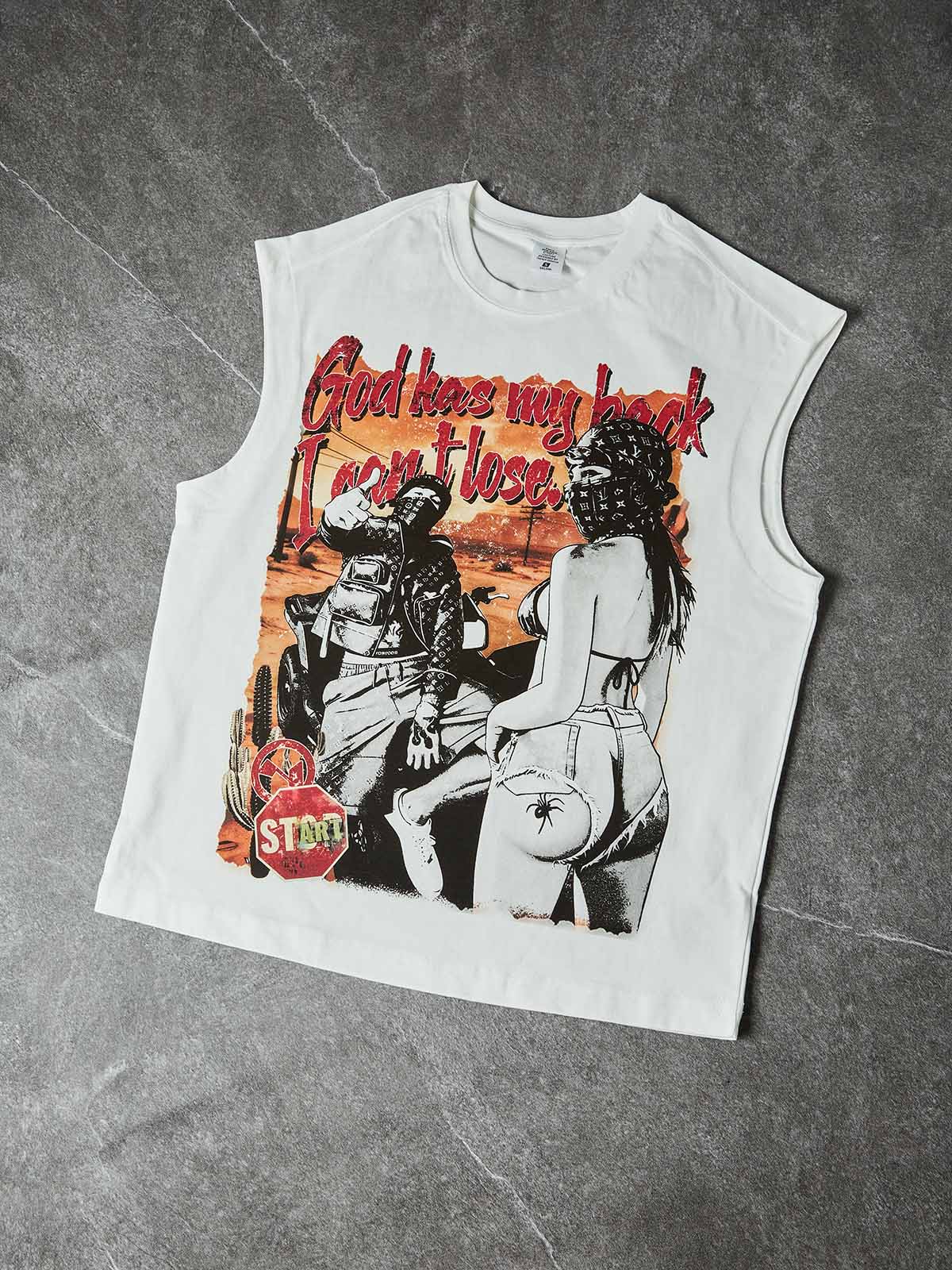 NOISSEY "GOD HAS MY BACK" DESERT MOTO CULTURE GRAPHIC TANK TOP