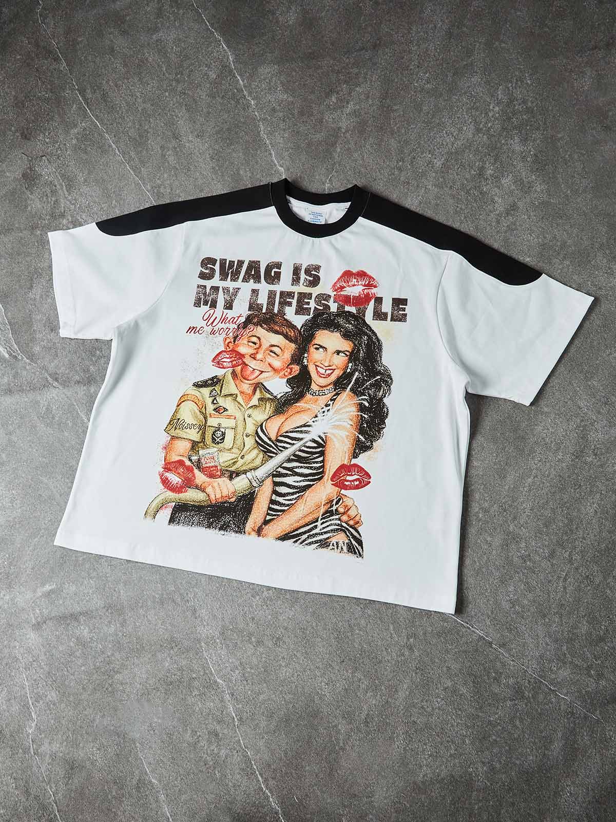 NOISSEY VINTAGE CARTOON STYLE "SWAG IS MY LIFESTYLE" DIY BADGE GRAPHIC T-SHIRT