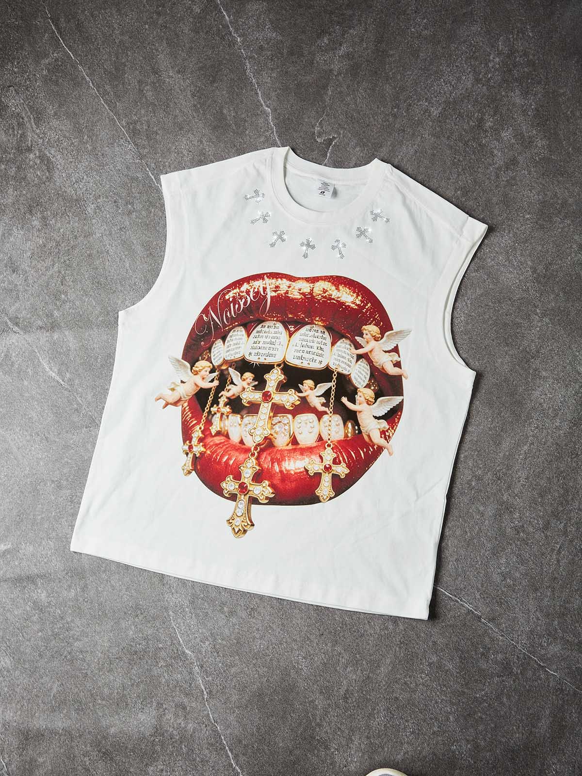 NOISSEY "DIVINE KISS" ANGELIC CROSS ICED OUT RED LIPS GRAPHIC TANK TOP