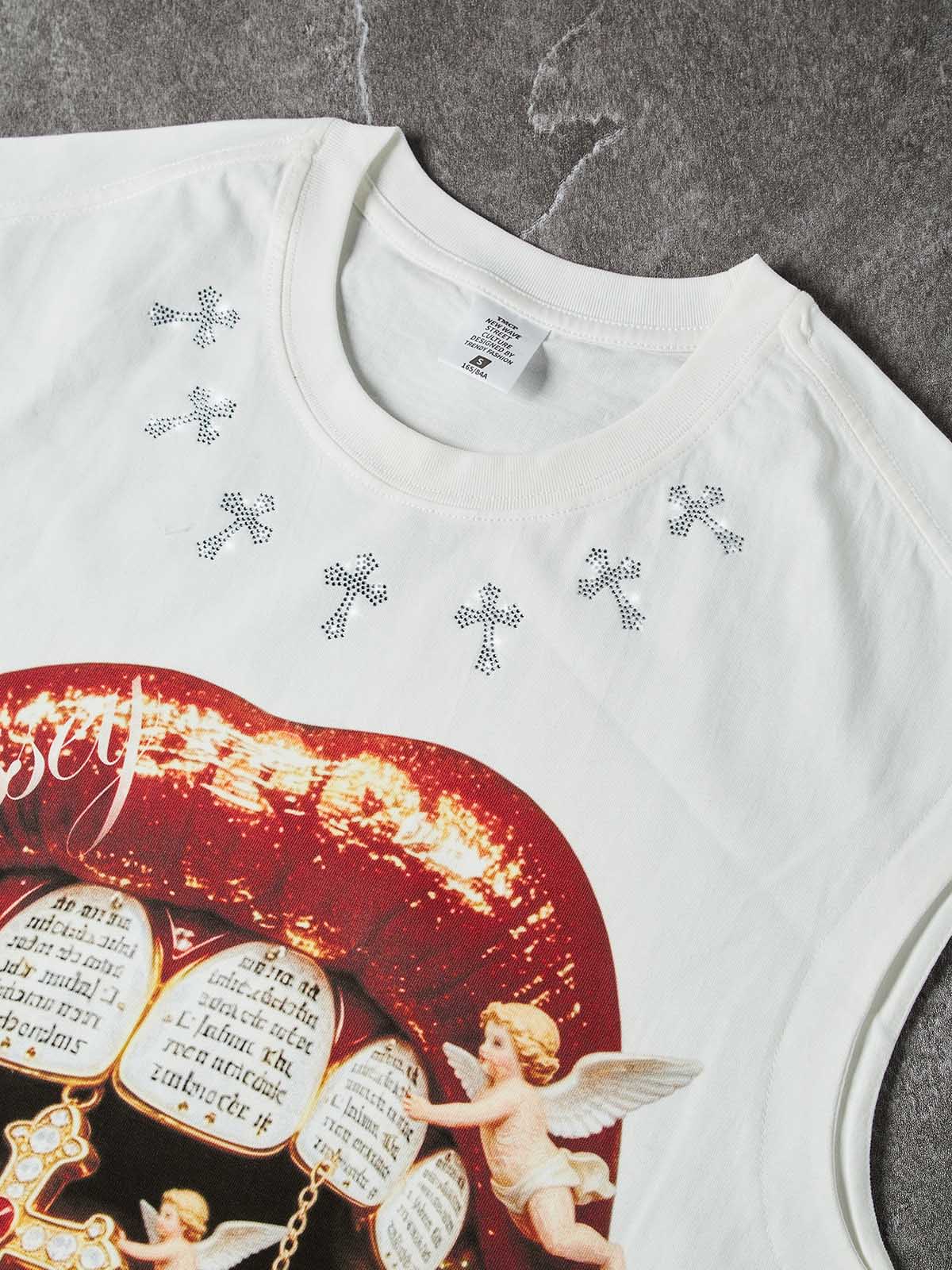 NOISSEY "DIVINE KISS" ANGELIC CROSS ICED OUT RED LIPS GRAPHIC TANK TOP