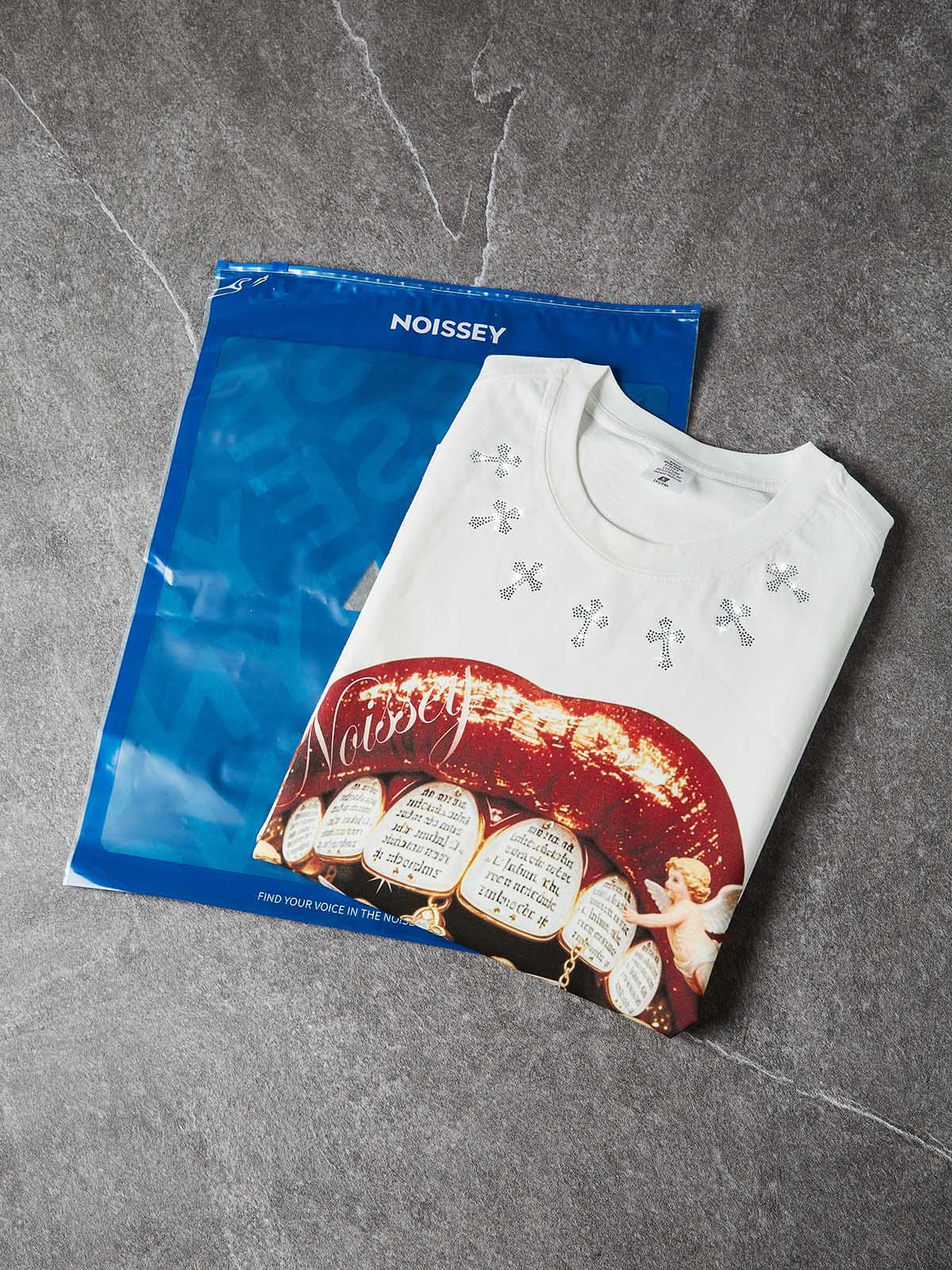 NOISSEY "DIVINE KISS" ANGELIC CROSS ICED OUT RED LIPS GRAPHIC TANK TOP