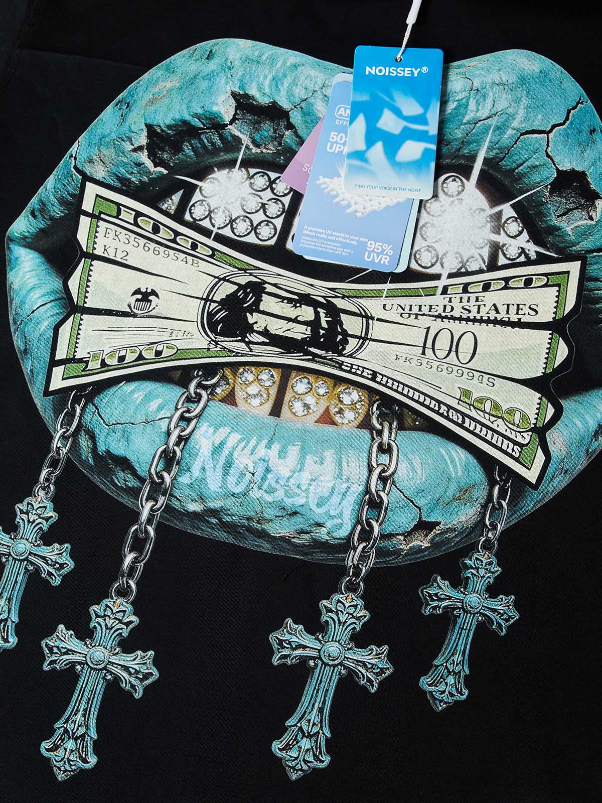 NOISSEY BRONZE GUARDIAN - CHAIN ICED OUT FANGS CROSS T-SHIRT