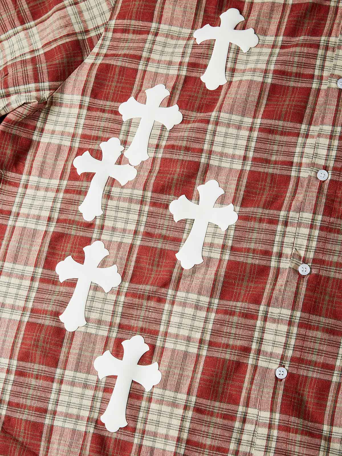 NOISSEY RETRO PLAID EMBOSSED WHITE CROSS GRAPHIC SHORT PLAID SHIRT