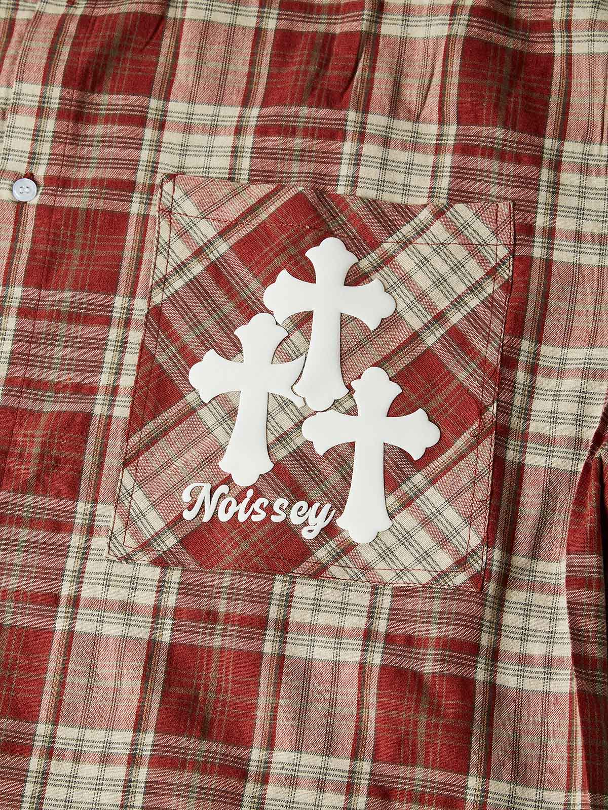 NOISSEY RETRO PLAID EMBOSSED WHITE CROSS GRAPHIC SHORT PLAID SHIRT