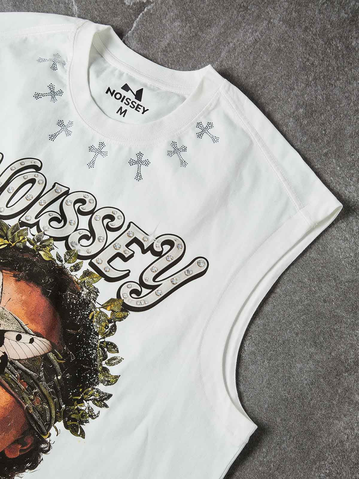 NOISSEY "Heavenly Vision" Rhinestone Angel Tank top- Heavyweight Graphic Streetwear - Optic White