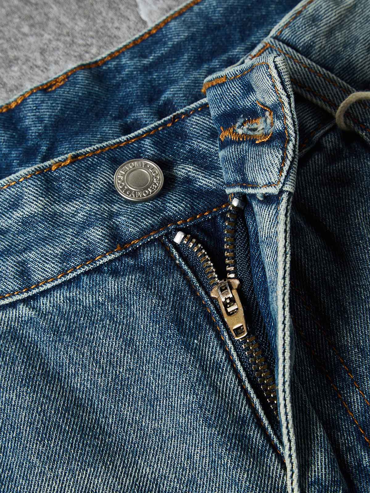 NOISSEY "Fleur-de-Lis" Hot-Fix Graphic Vintage Denim Shorts - Mid-Wash Indigo