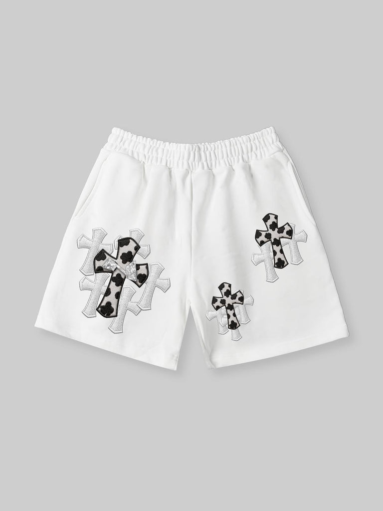 NOISSEY COW CROSS - MONOCHROME PRINT APPLIQUÉ OVERSIZED WHITE SHORTS
