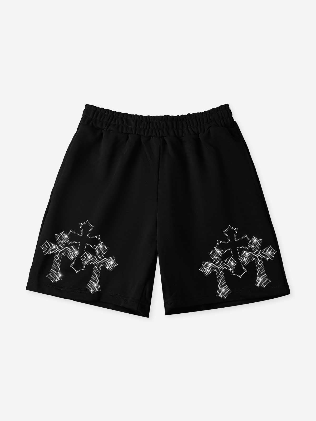 NOISSEY Gothic Rhinestone Crosses Fleece Shorts - Black Oversized Y2K Streetwear Shorts