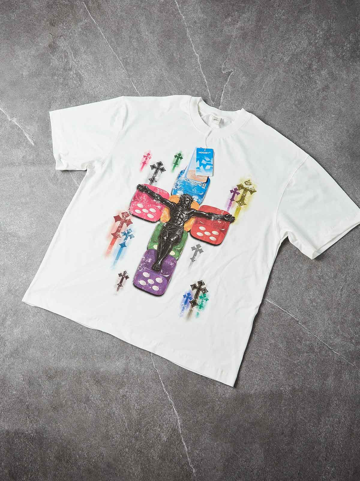 NOISSEY "DIVINE GAMBLE" RAINBOW DICE & JESUS ARTWORK T-SHIRT