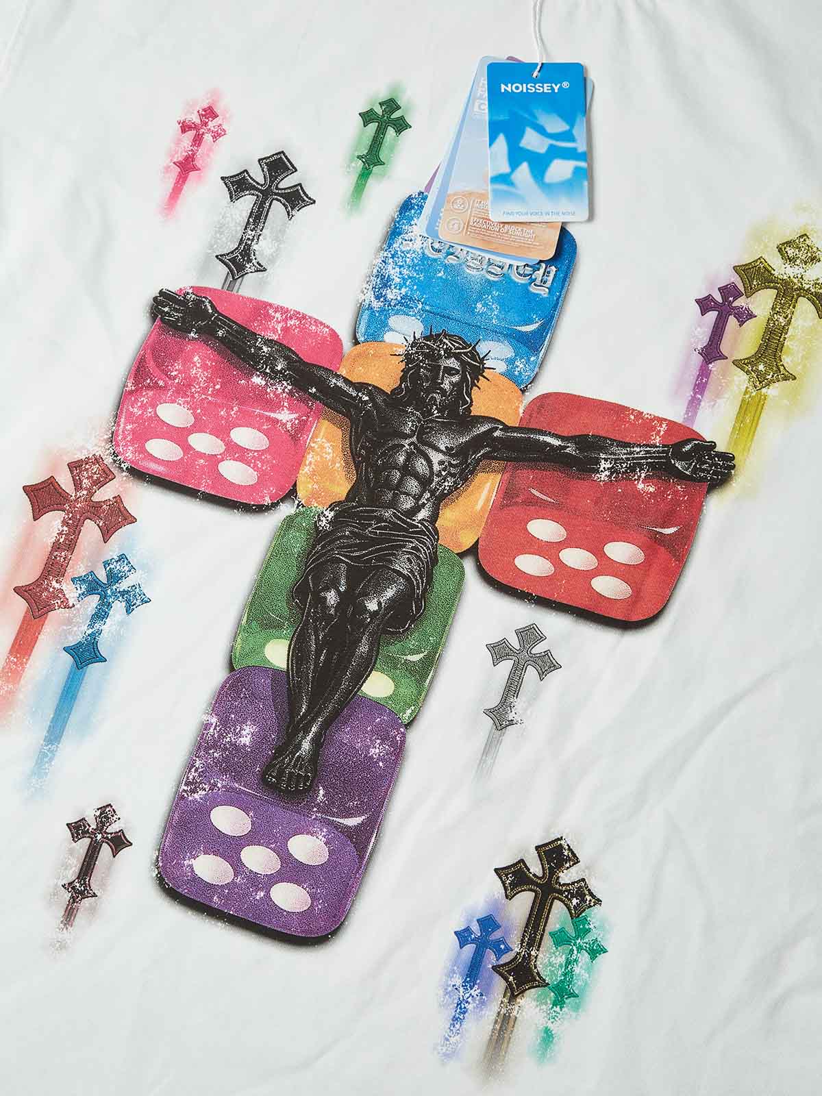 NOISSEY "DIVINE GAMBLE" RAINBOW DICE & JESUS ARTWORK T-SHIRT