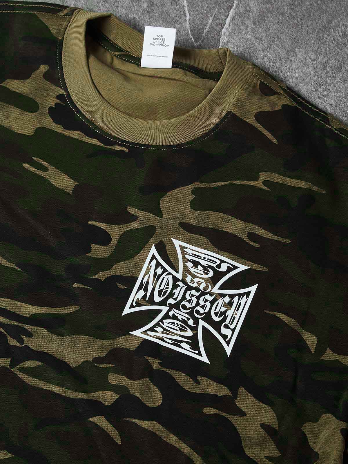 NOISSEY "IRON CROSS" GOTHIC SCRIPT CAMO OVERSIZED T-SHIRT