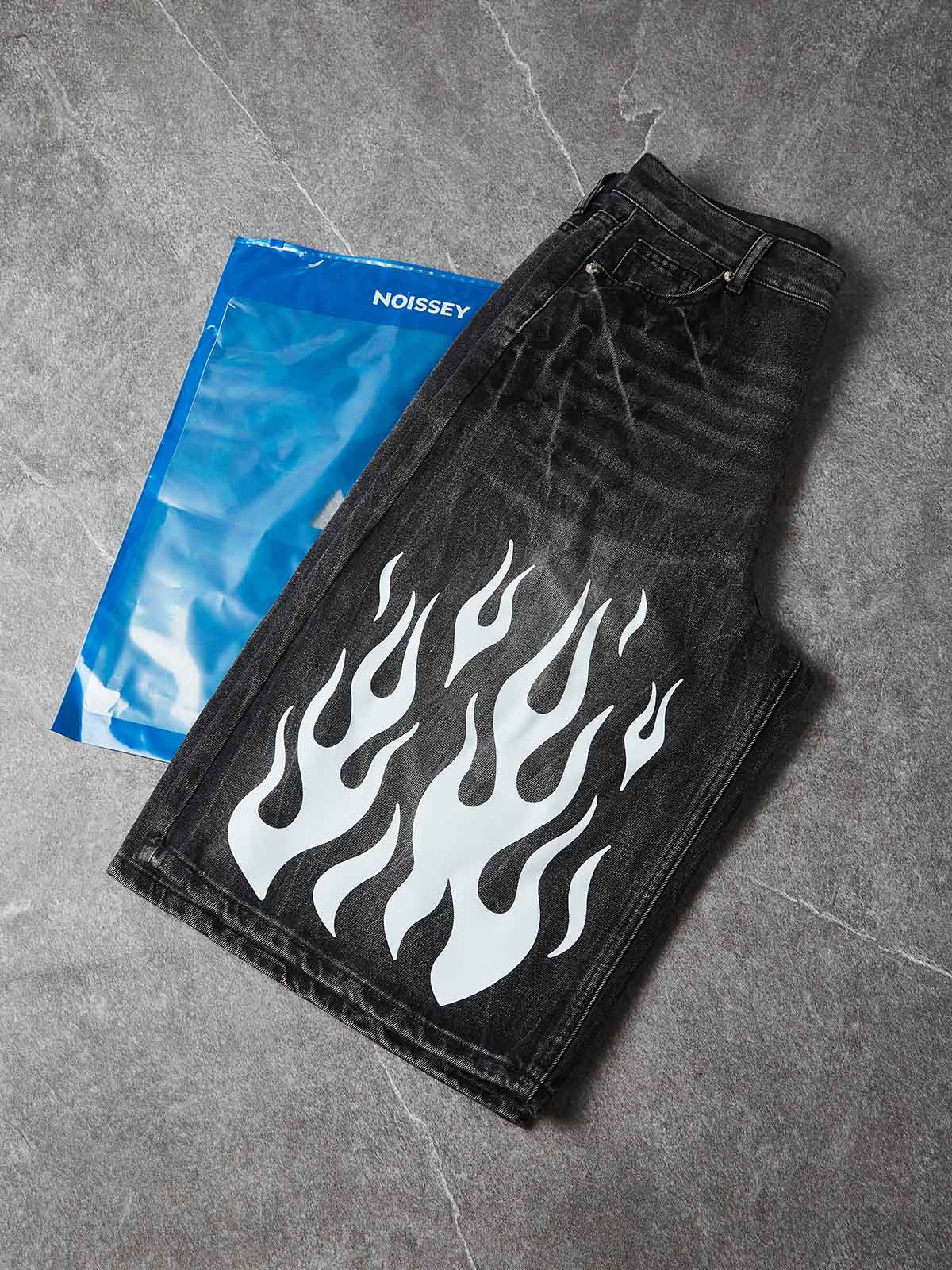 NOISSEY "White Flame" Graphic Distressed Heavyweight Denim Shorts