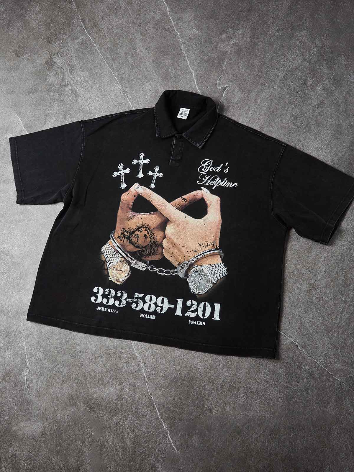 NOISSEY "GOD'S HELPLINE" VINTAGE WASHED GRAPHIC ART POLO SHIRT