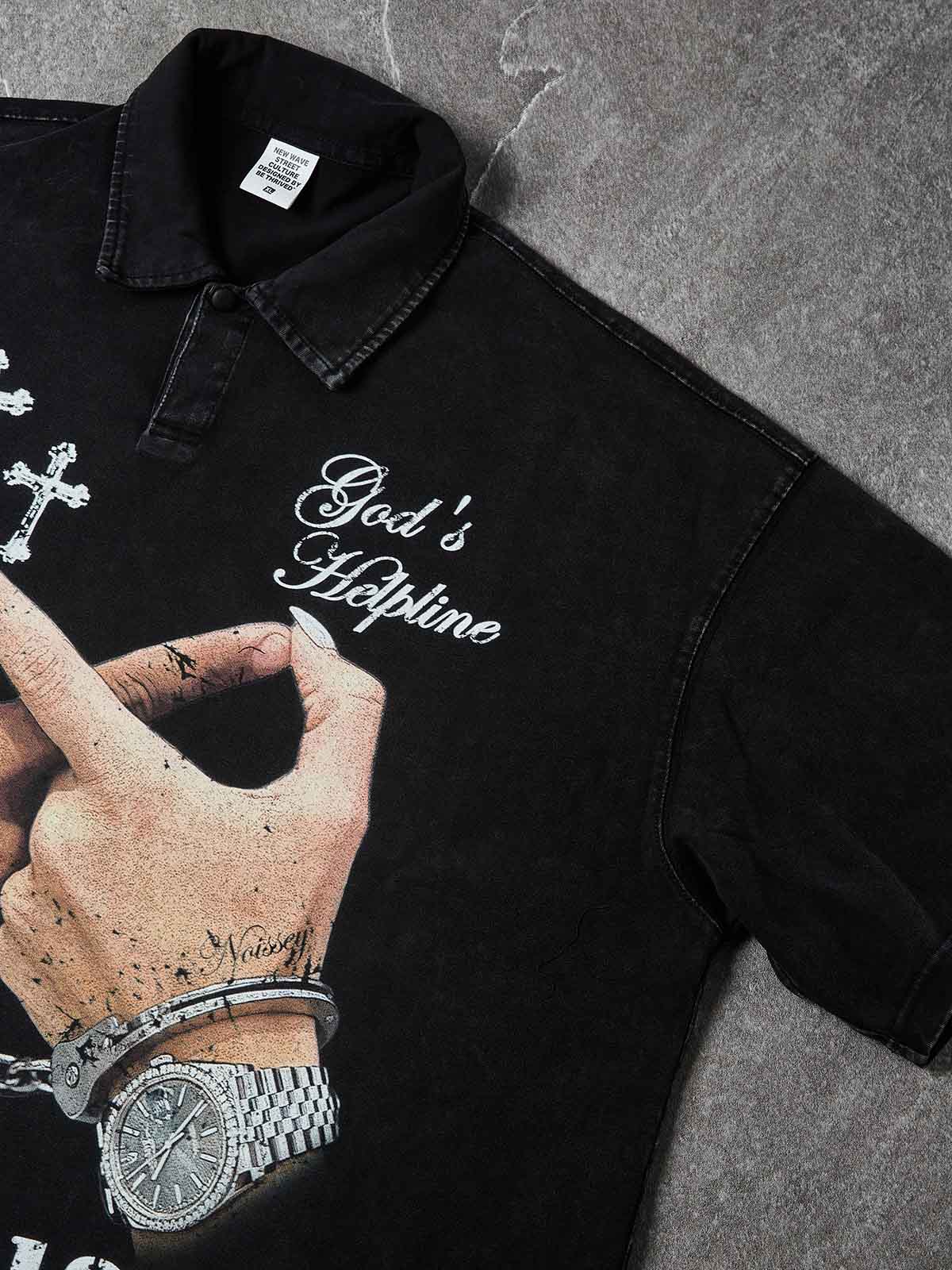 NOISSEY "GOD'S HELPLINE" VINTAGE WASHED GRAPHIC ART POLO SHIRT