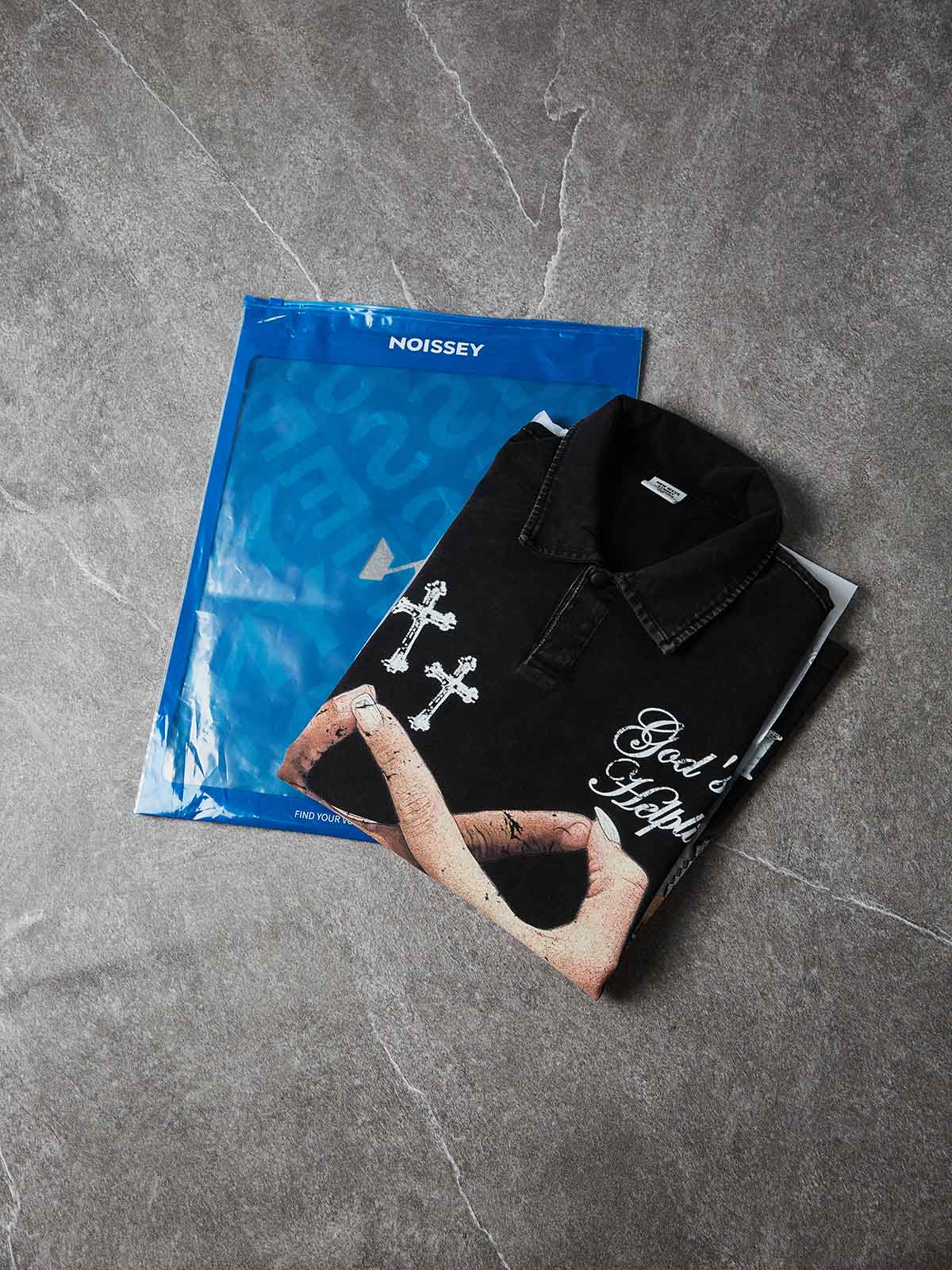 NOISSEY "GOD'S HELPLINE" VINTAGE WASHED GRAPHIC ART POLO SHIRT