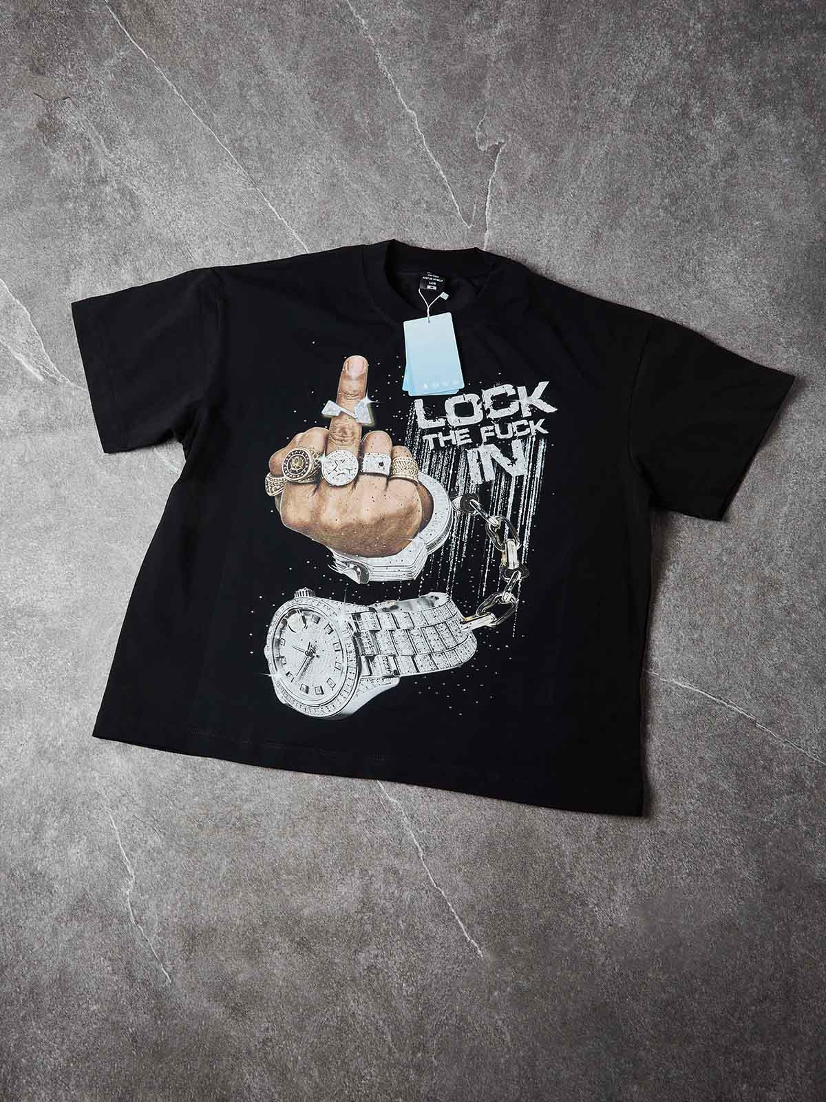 NOISSEY "LOCK THE FUCK IN" ICED OUT LUXURY GRAPHIC OVERSIZED T-SHIRT