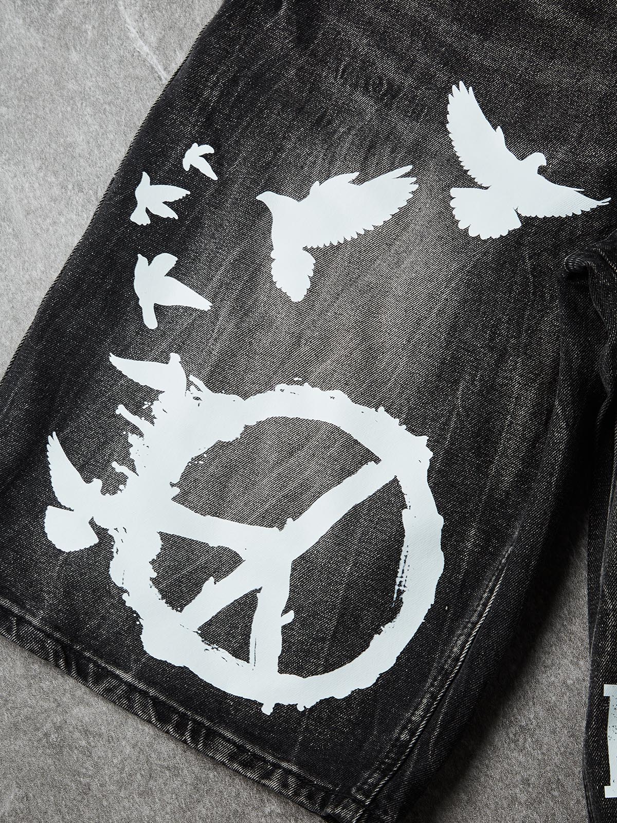 NOISSEY "PEACE & LOVE" Dove Anti-War Graphic Distressed Denim Shorts