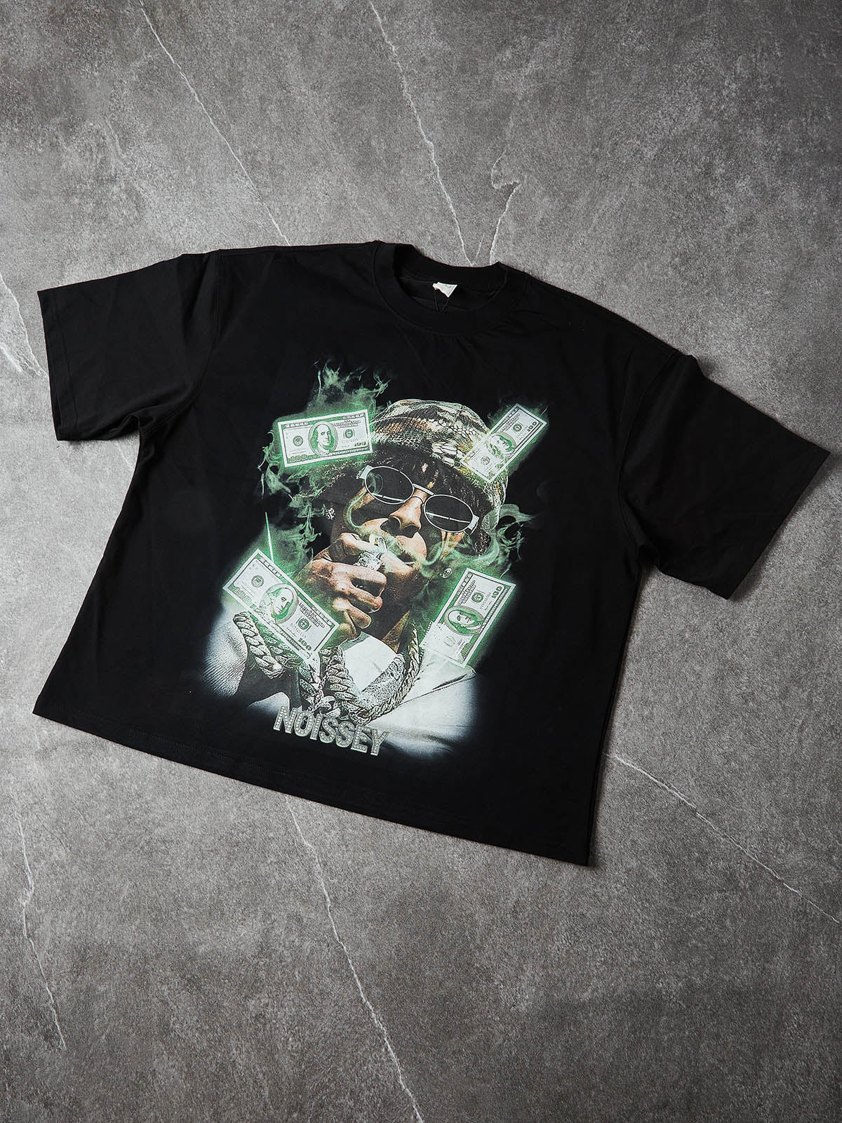 NOISSEY "Cash Smoke" Rapper Portrait & Money Mist Graphic Heavyweight T-Shirt