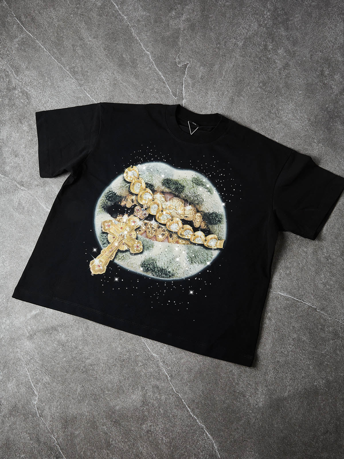 NOISSEY "Camo Grillz" Fuzzy Camo & Golden Cross Graphic Rhinestone T-Shirt